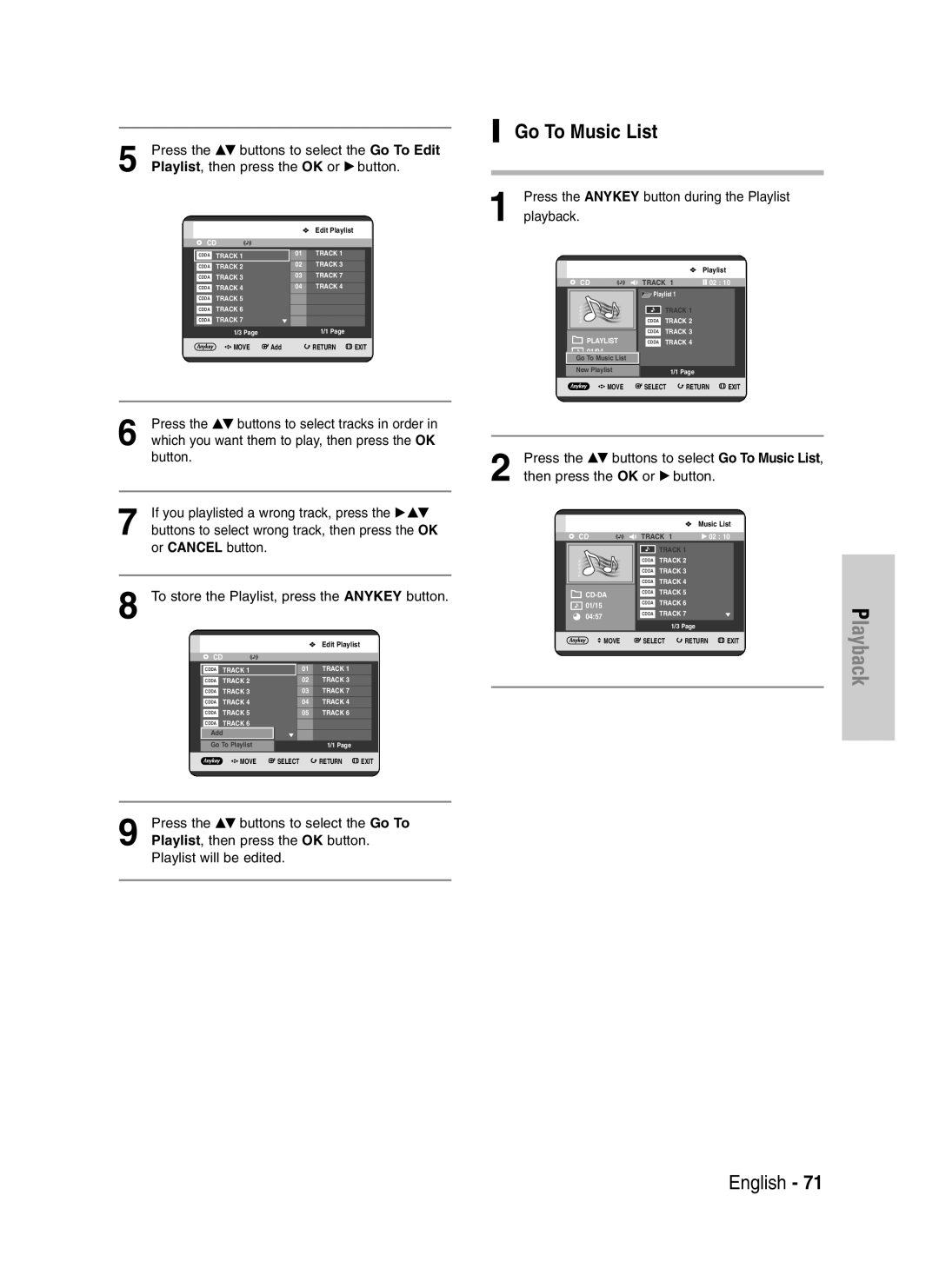 Samsung DVD-HR720/XEF, DVD-HR720P Go To Music List, Press the …† buttons to select the Go To Edit, Playlist will be edited 