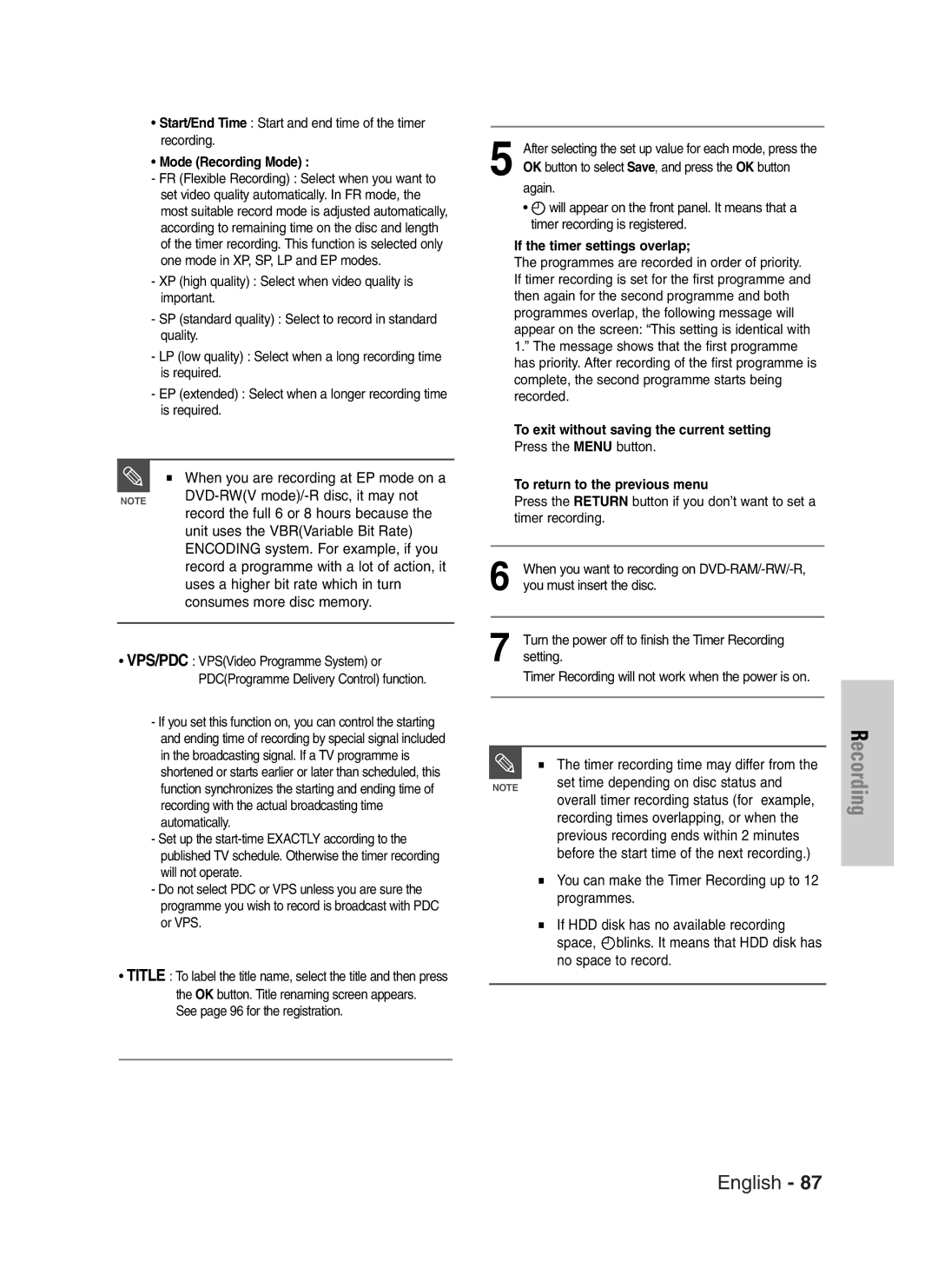 Samsung DVD-HR720/XEF, DVD-HR720P Set time depending on disc status, Mode Recording Mode, If the timer settings overlap 