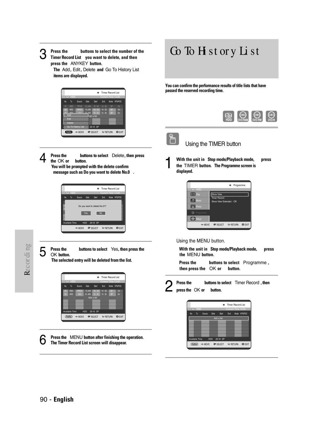 Samsung DVD-HR720P, DVD-HR720/XEF manual Add, Edit, Delete and Go To History List 