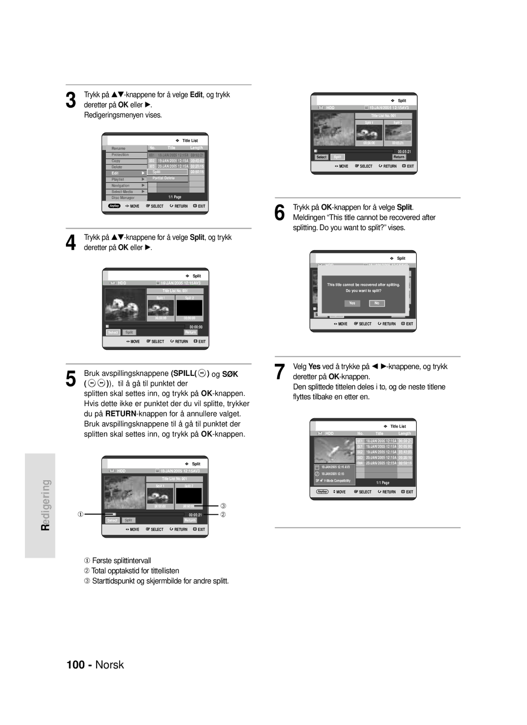 Samsung DVD-HR720/XEE manual Splitten skal settes inn, og trykk på OK-knappen 