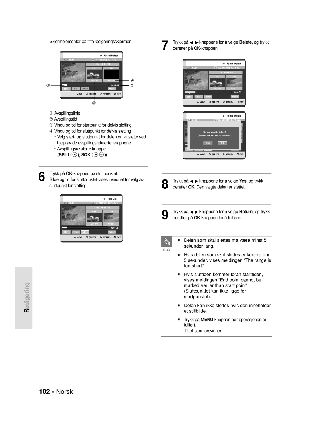 Samsung DVD-HR720/XEE manual Skjermelementer på tittelredigeringsskjermen, Spill , SØK, Trykk på OK-knappen på sluttpunktet 