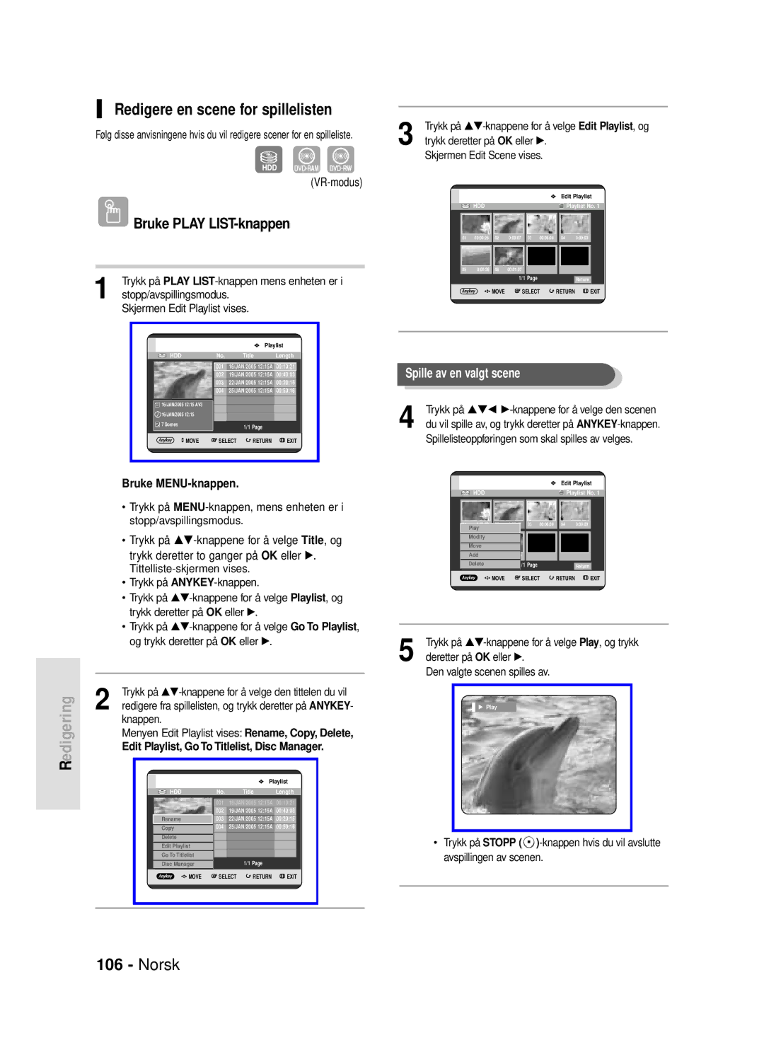 Samsung DVD-HR720/XEE manual Redigere en scene for spillelisten, Edit Playlist, Go To Titlelist, Disc Manager 