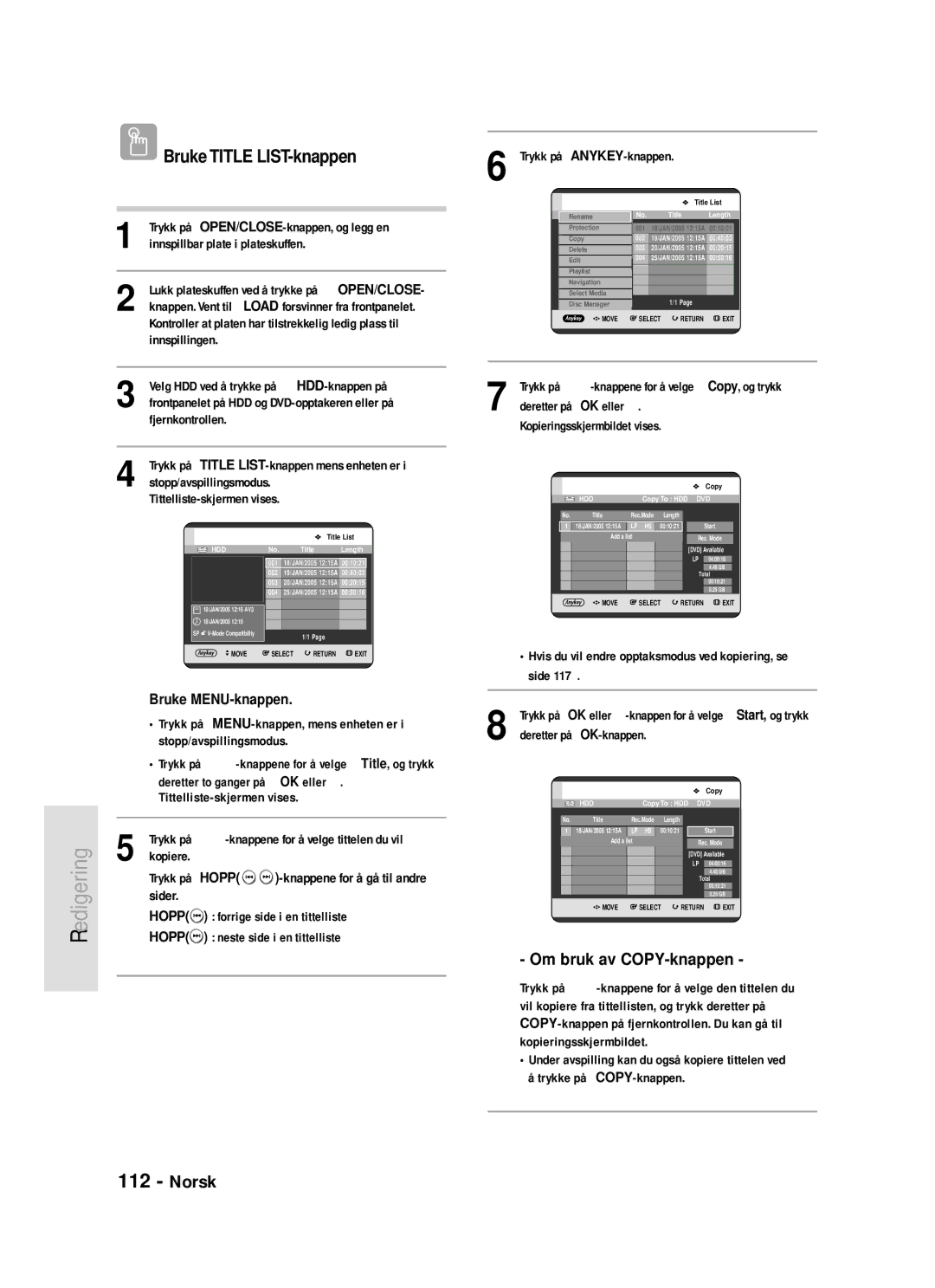 Samsung DVD-HR720/XEE manual Om bruk av COPY-knappen, Knappene for å gå til andre, Sider 