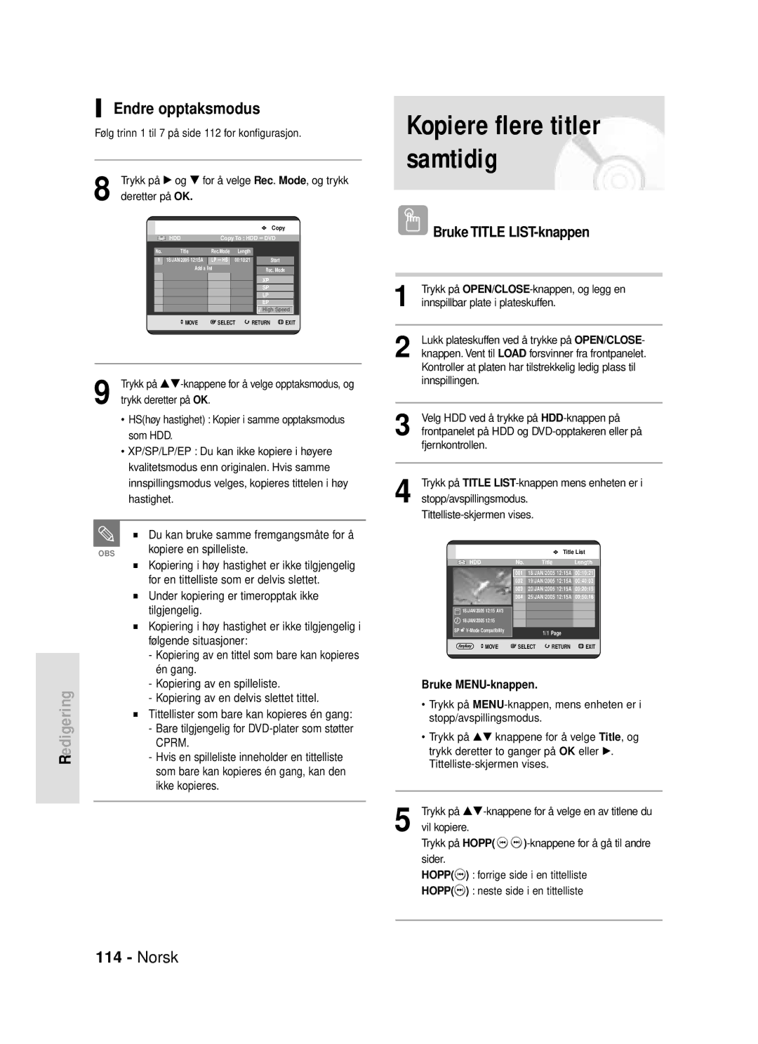 Samsung DVD-HR720/XEE manual Endre opptaksmodus 