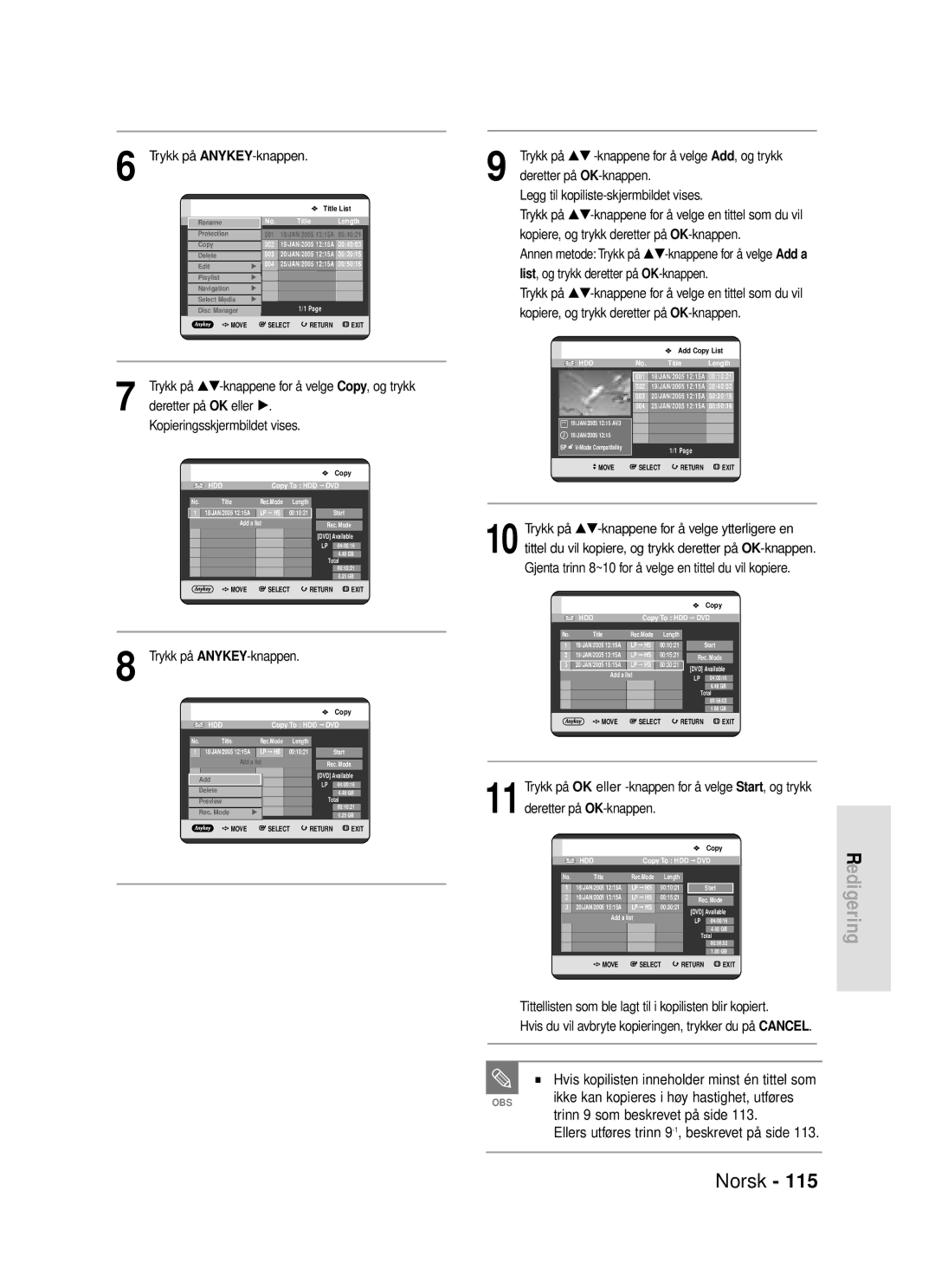 Samsung DVD-HR720/XEE manual Hvis kopilisten inneholder minst én tittel som, Trinn 9 som beskrevet på side 