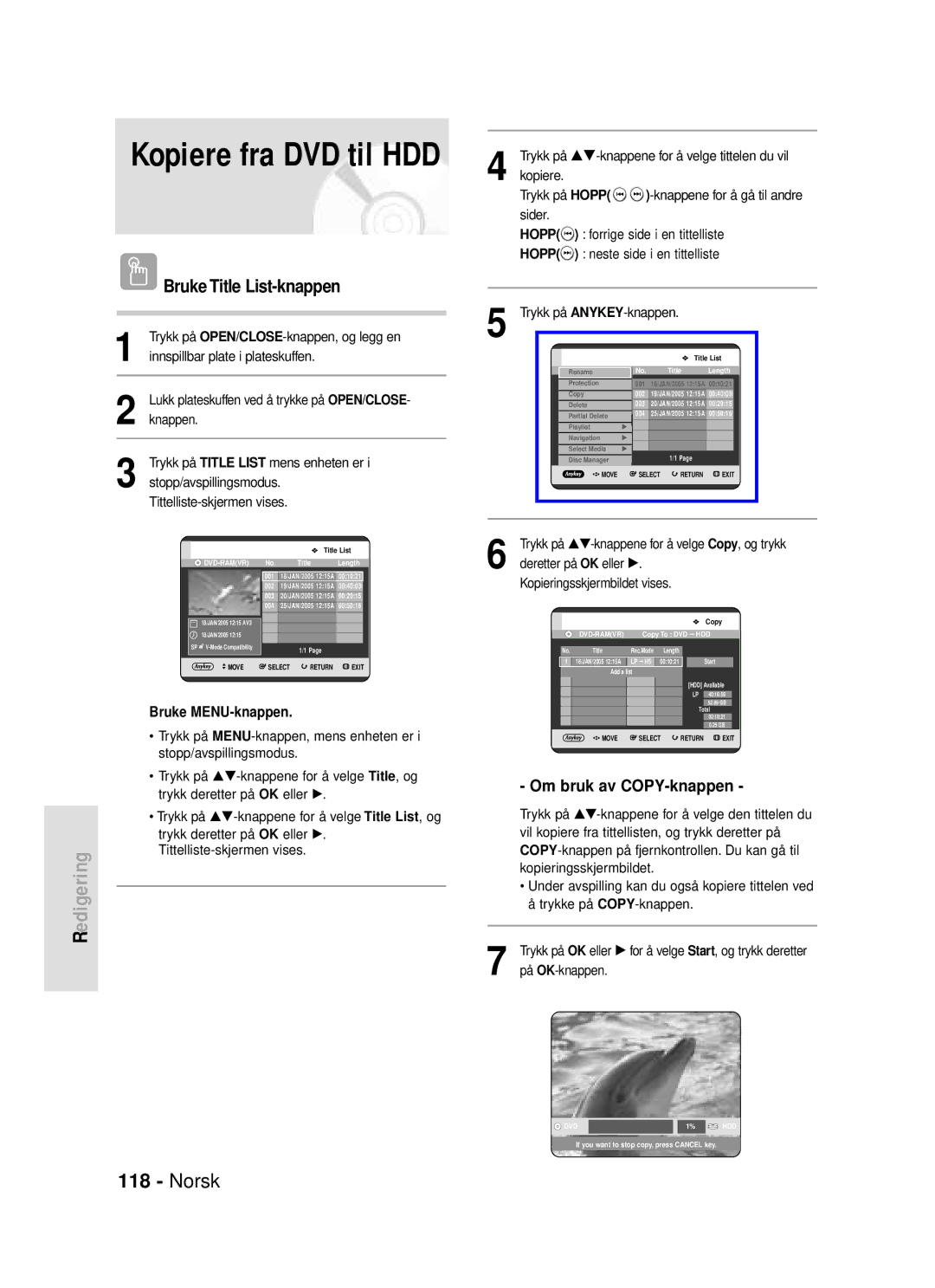 Samsung DVD-HR720/XEE manual Kopiere fra DVD til HDD 