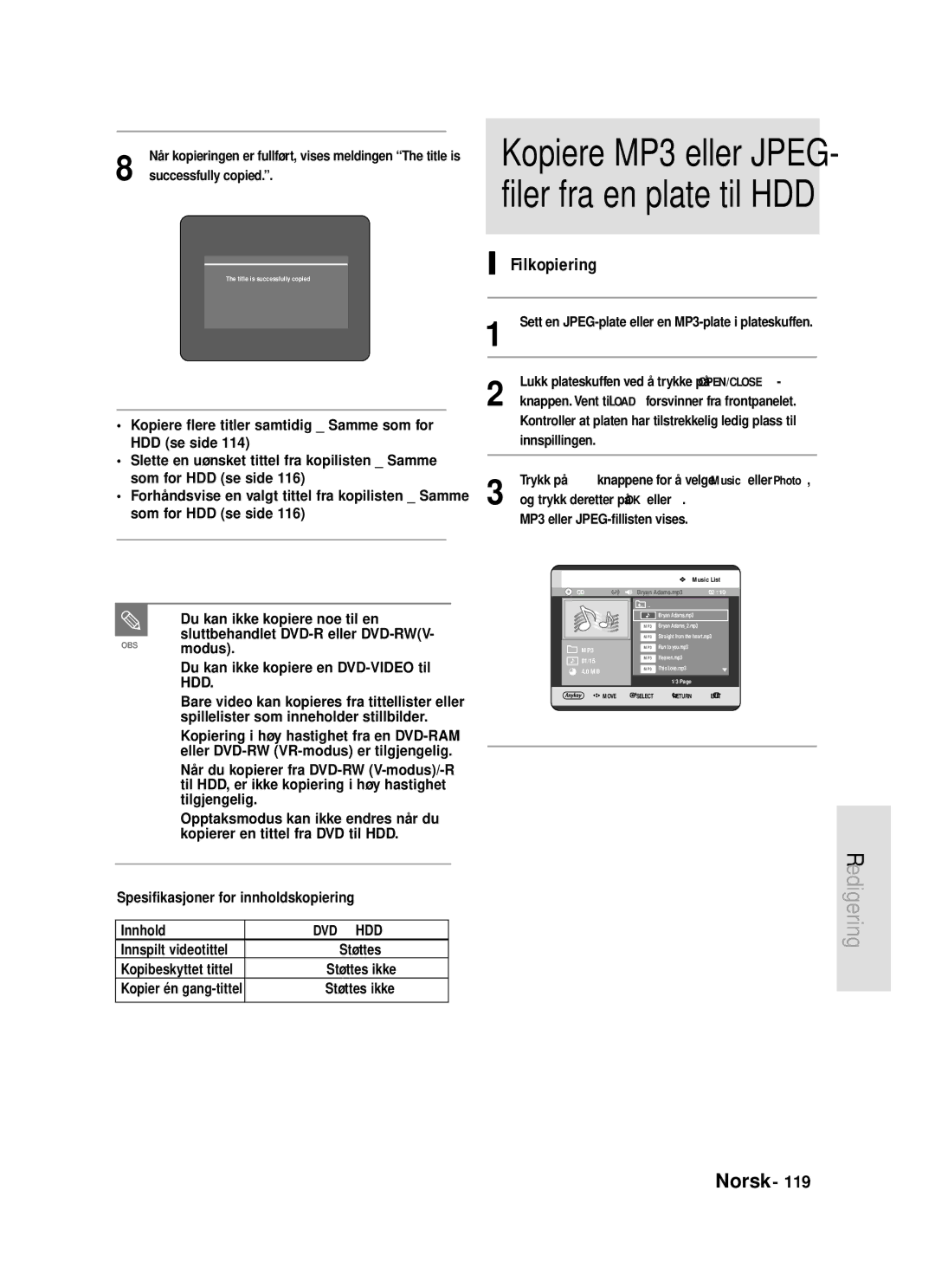 Samsung DVD-HR720/XEE manual Kopiere MP3 eller JPEG- filer fra en plate til HDD, Filkopiering 