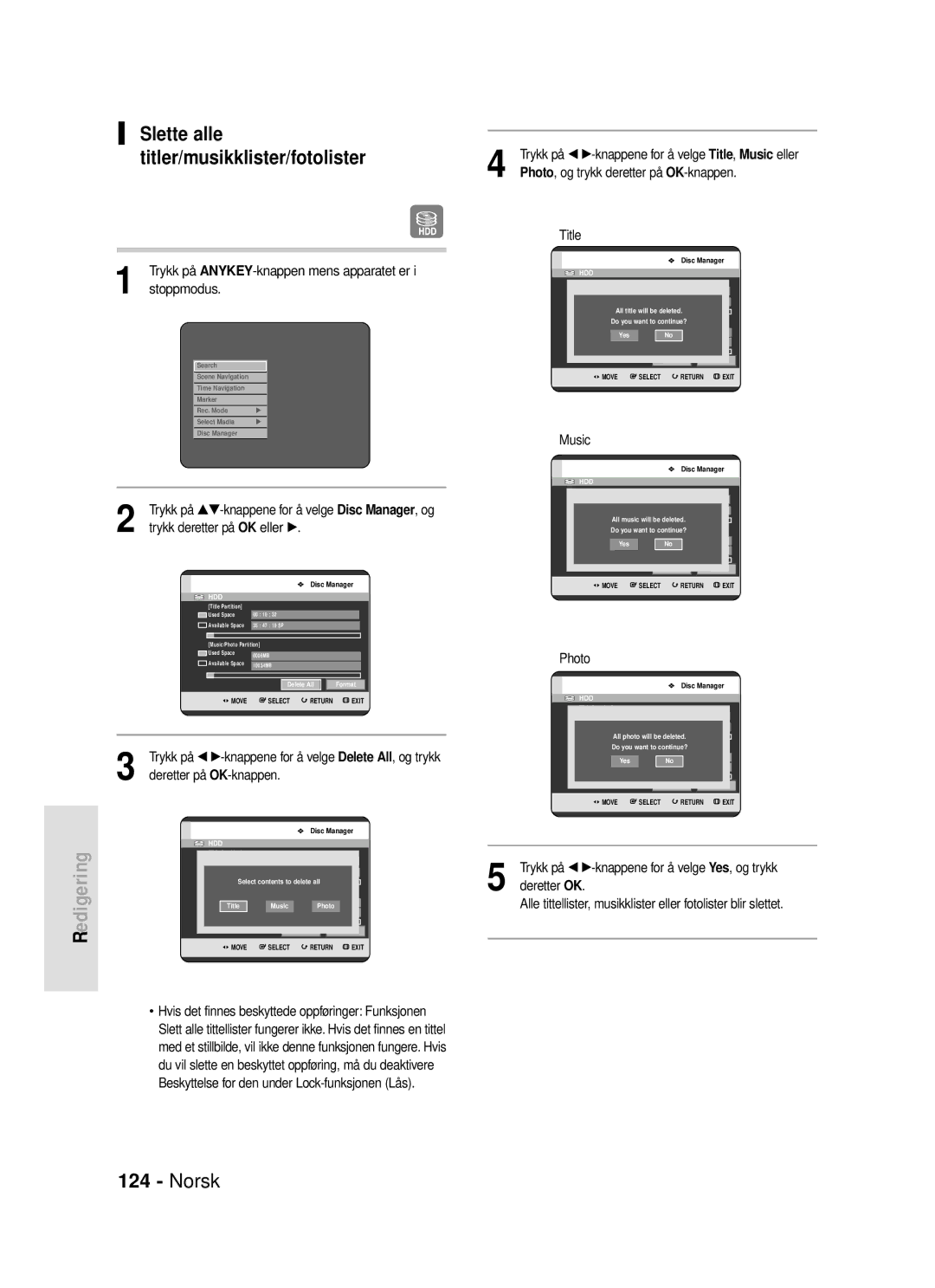 Samsung DVD-HR720/XEE manual Slette alle titler/musikklister/fotolister 