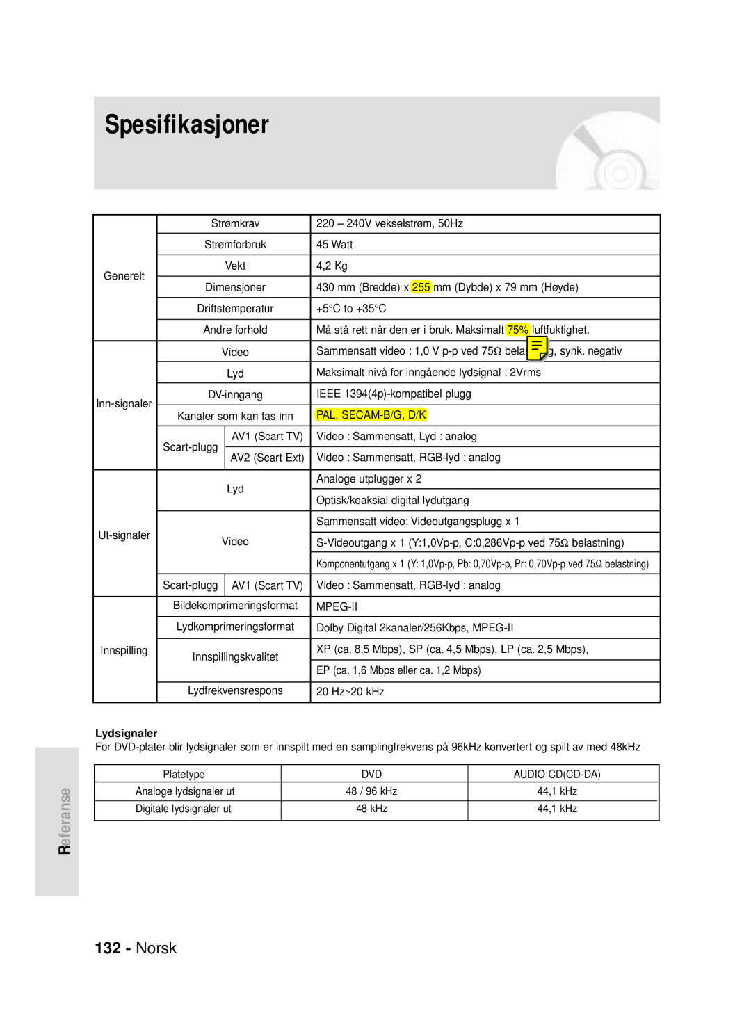 Samsung DVD-HR720/XEE manual Lydsignaler 