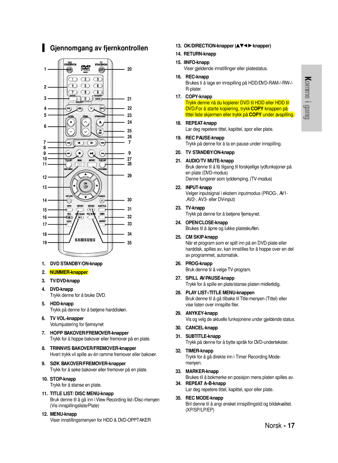 Samsung DVD-HR720/XEE manual Gjennomgang av fjernkontrollen 