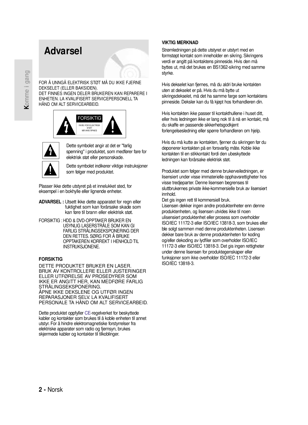 Samsung DVD-HR720/XEE manual Komme i gang, Det gis ingen rett til kommersiell bruk 