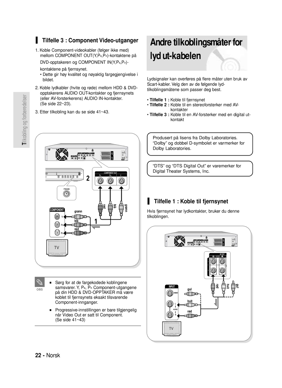 Samsung DVD-HR720/XEE manual Tilfelle 1 Koble til fjernsynet, Tilfelle 3 Component Video-utganger, Se side 41~43 