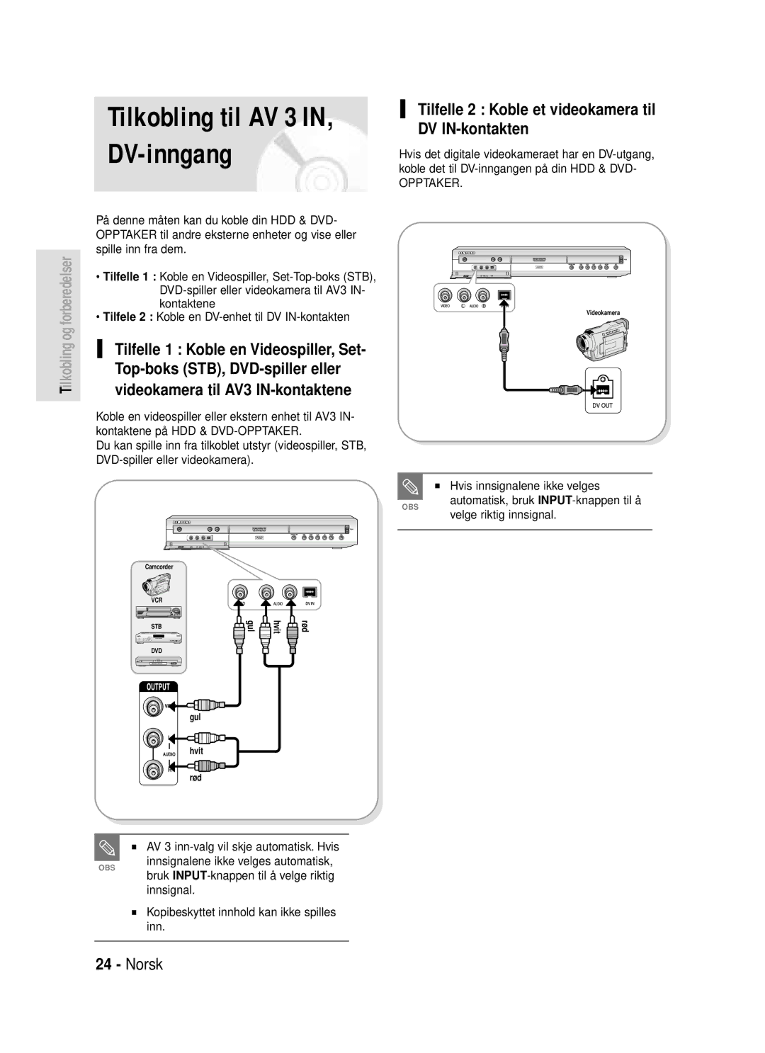 Samsung DVD-HR720/XEE manual Tilfelle 2 Koble et videokamera til DV IN-kontakten, Hvis innsignalene ikke velges 