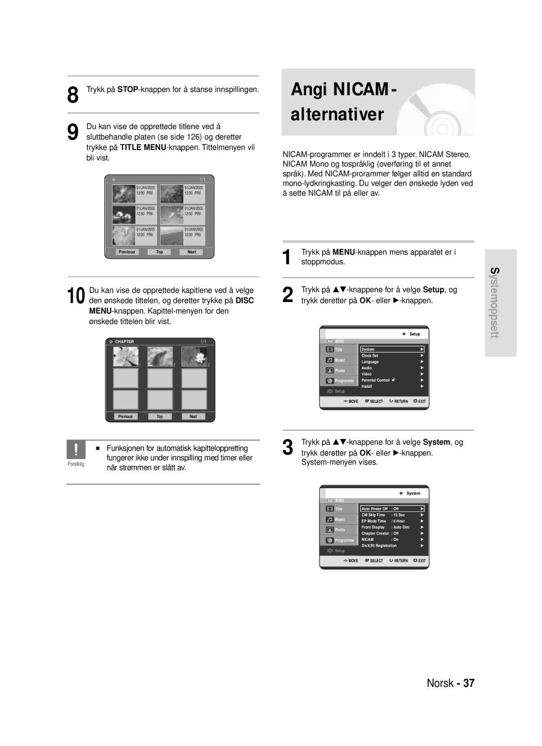 Samsung DVD-HR720/XEE manual Angi NICAM- alternativer 