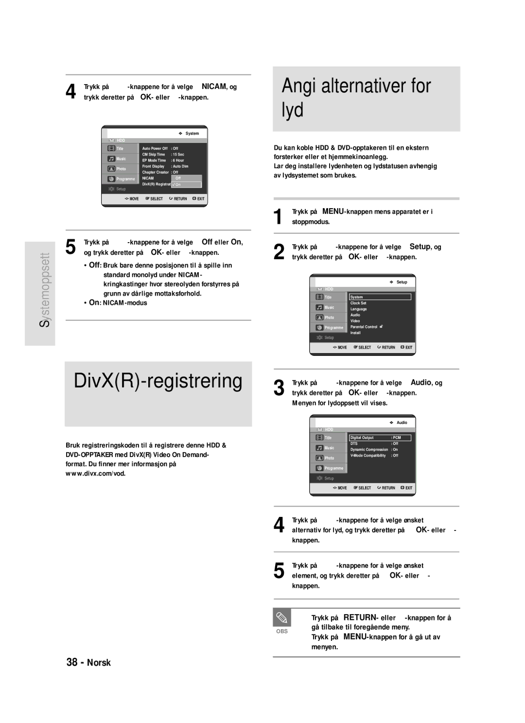 Samsung DVD-HR720/XEE manual DivXR-registrering, Trykk på RETURN- eller œ-knappen for å 