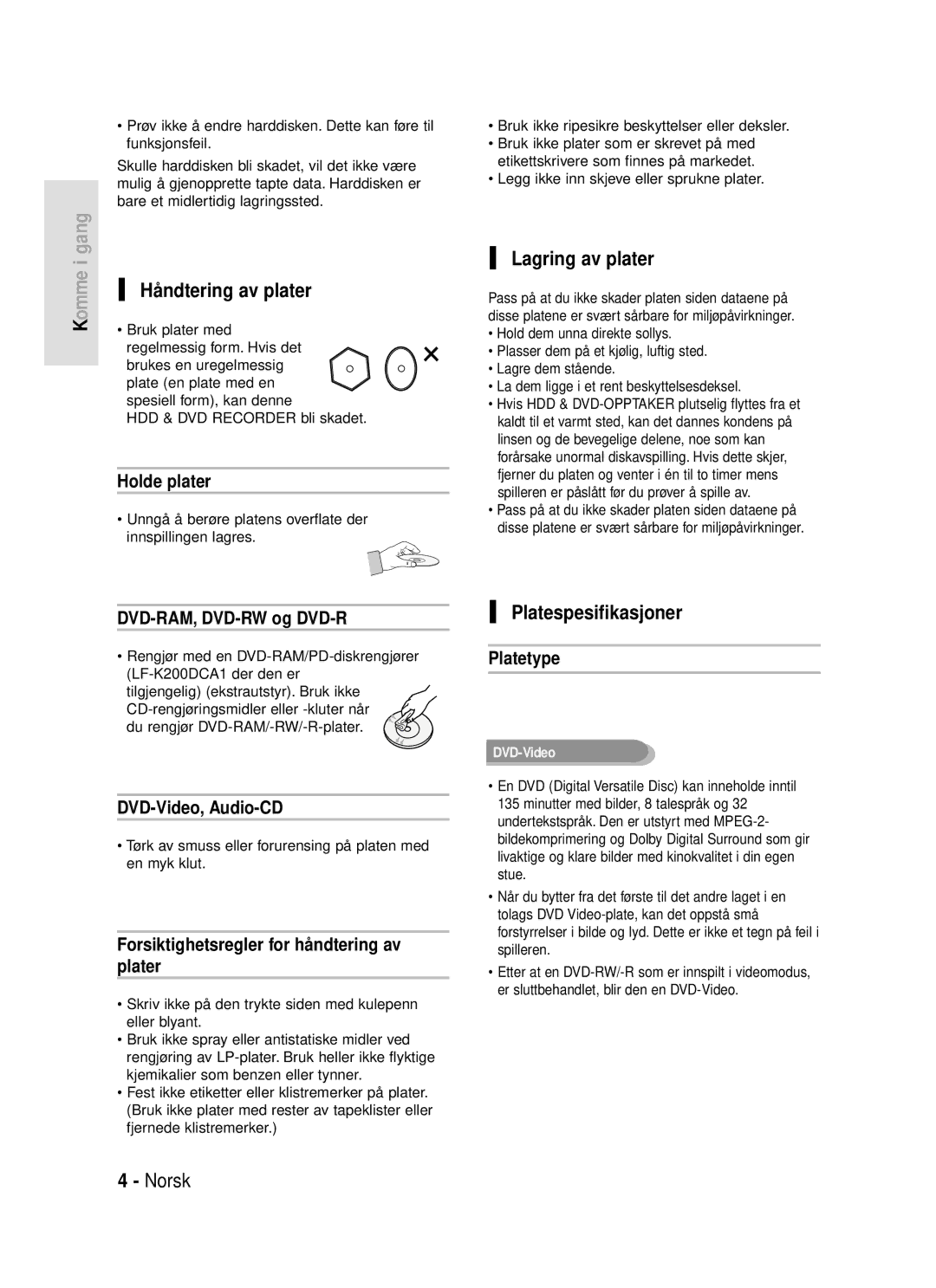 Samsung DVD-HR720/XEE manual Håndtering av plater, Lagring av plater, Platespesifikasjoner 