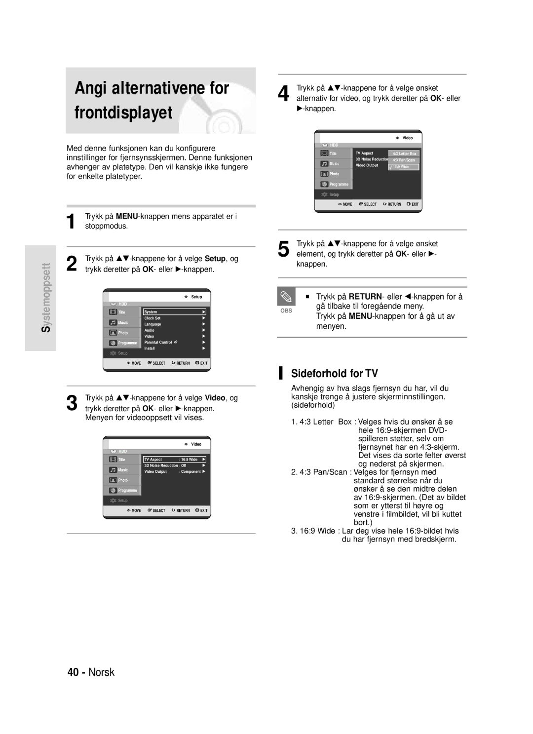 Samsung DVD-HR720/XEE manual Sideforhold for TV 