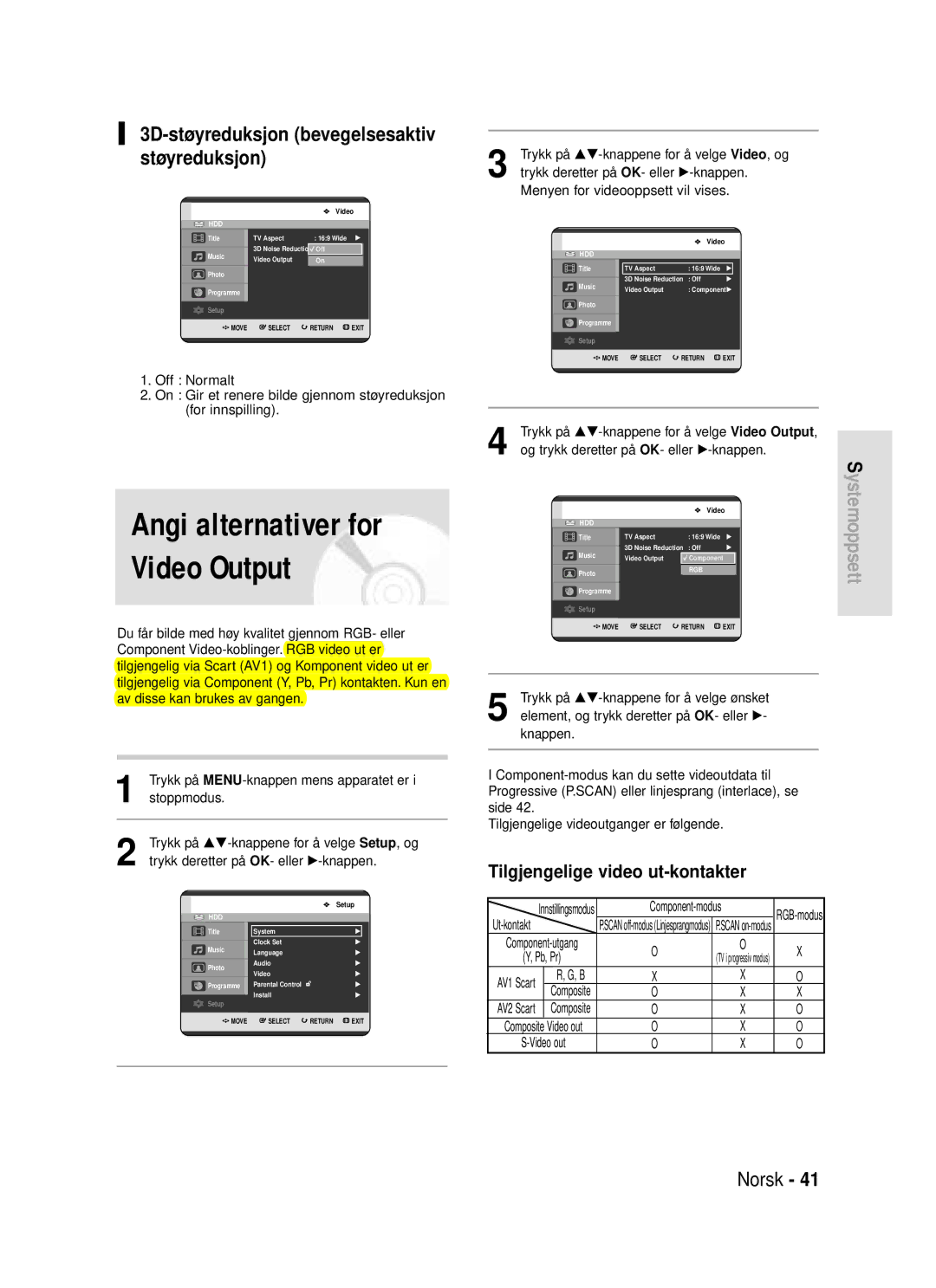 Samsung DVD-HR720/XEE 3D-støyreduksjon bevegelsesaktiv støyreduksjon, Tilgjengelige video ut-kontakter, Component-modus 