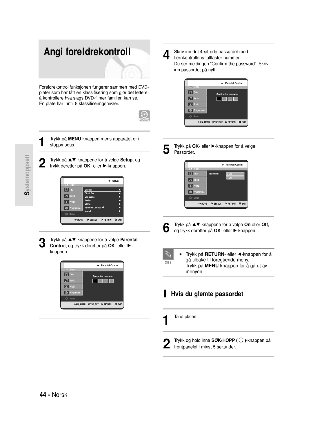 Samsung DVD-HR720/XEE manual Angi foreldrekontroll, Hvis du glemte passordet, Trykk på …†-knappene for å velge Parental 