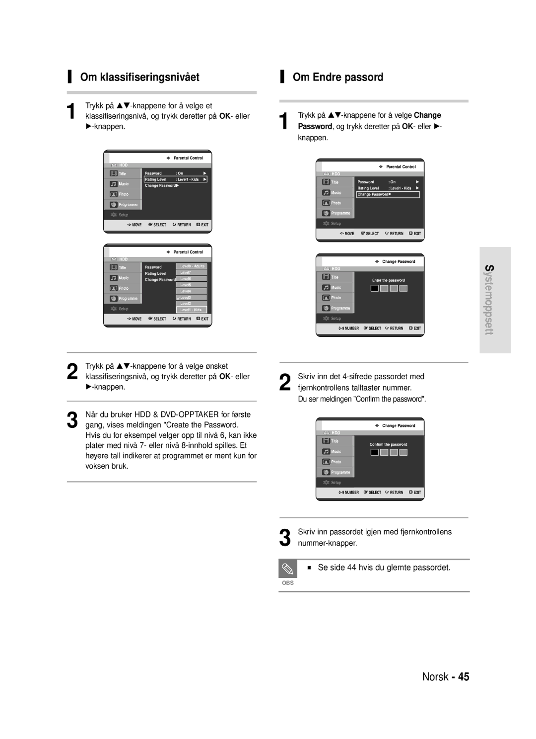 Samsung DVD-HR720/XEE manual Om klassifiseringsnivået Om Endre passord, Se side 44 hvis du glemte passordet 