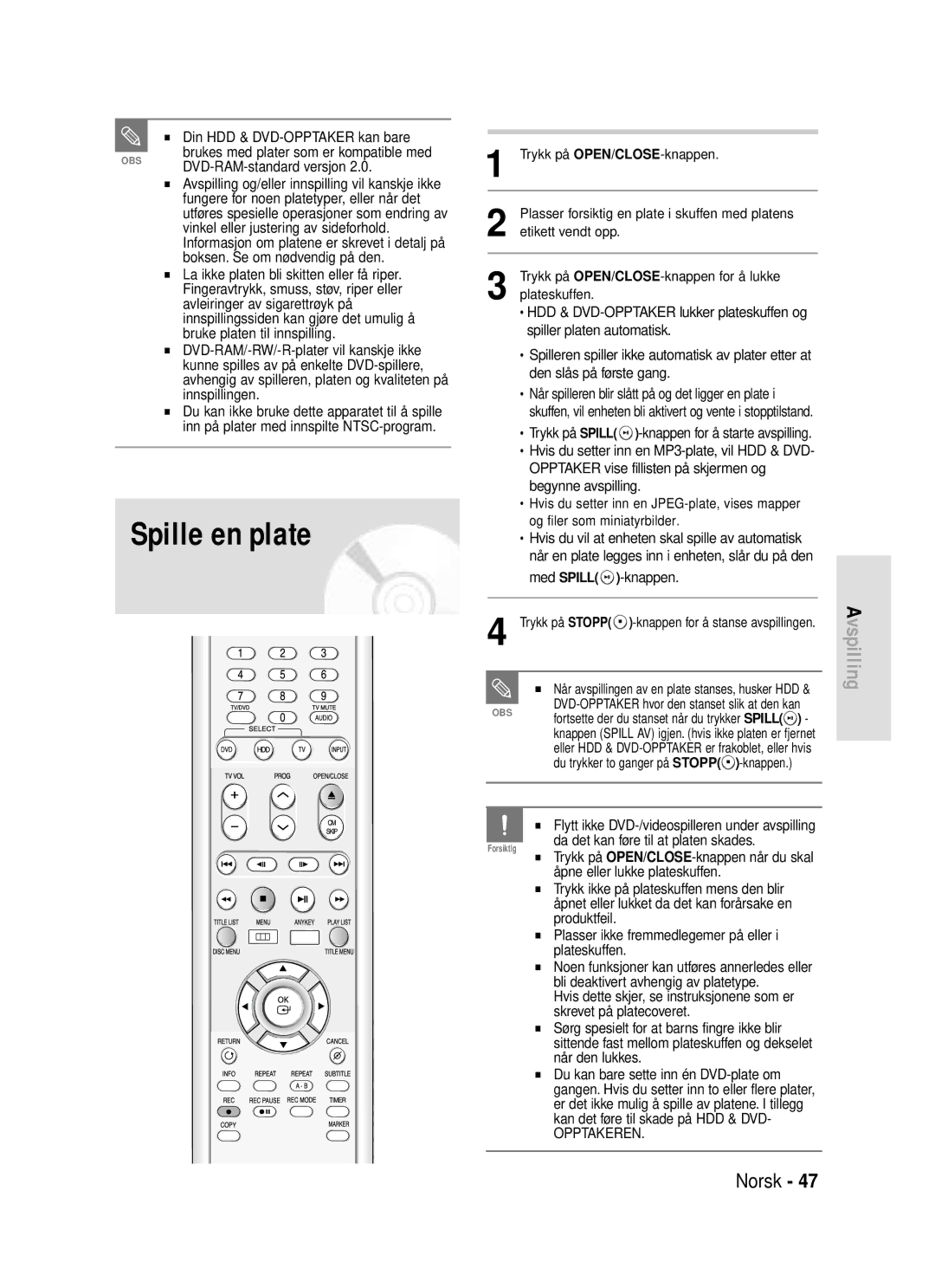 Samsung DVD-HR720/XEE manual Spille en plate 