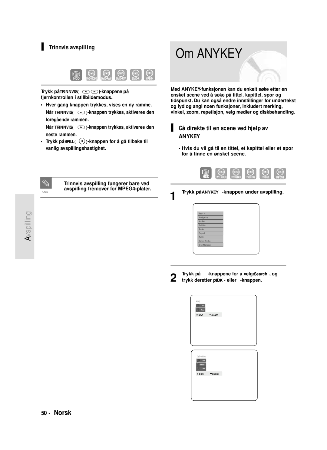 Samsung DVD-HR720/XEE manual Gå direkte til en scene ved hjelp av, Trinnvis avspilling fungerer bare ved 