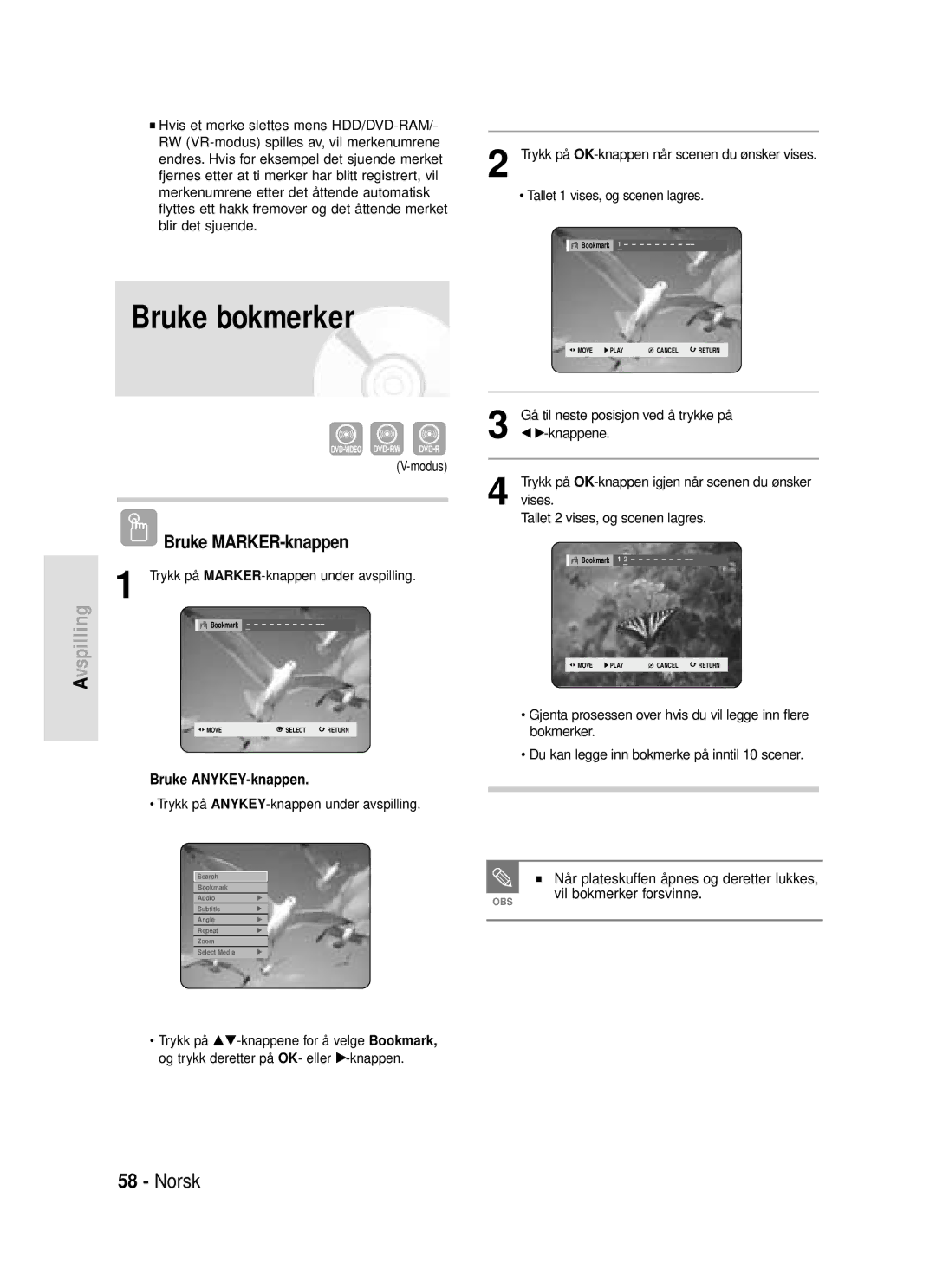 Samsung DVD-HR720/XEE manual Når plateskuffen åpnes og deretter lukkes, Vil bokmerker forsvinne, Modus 