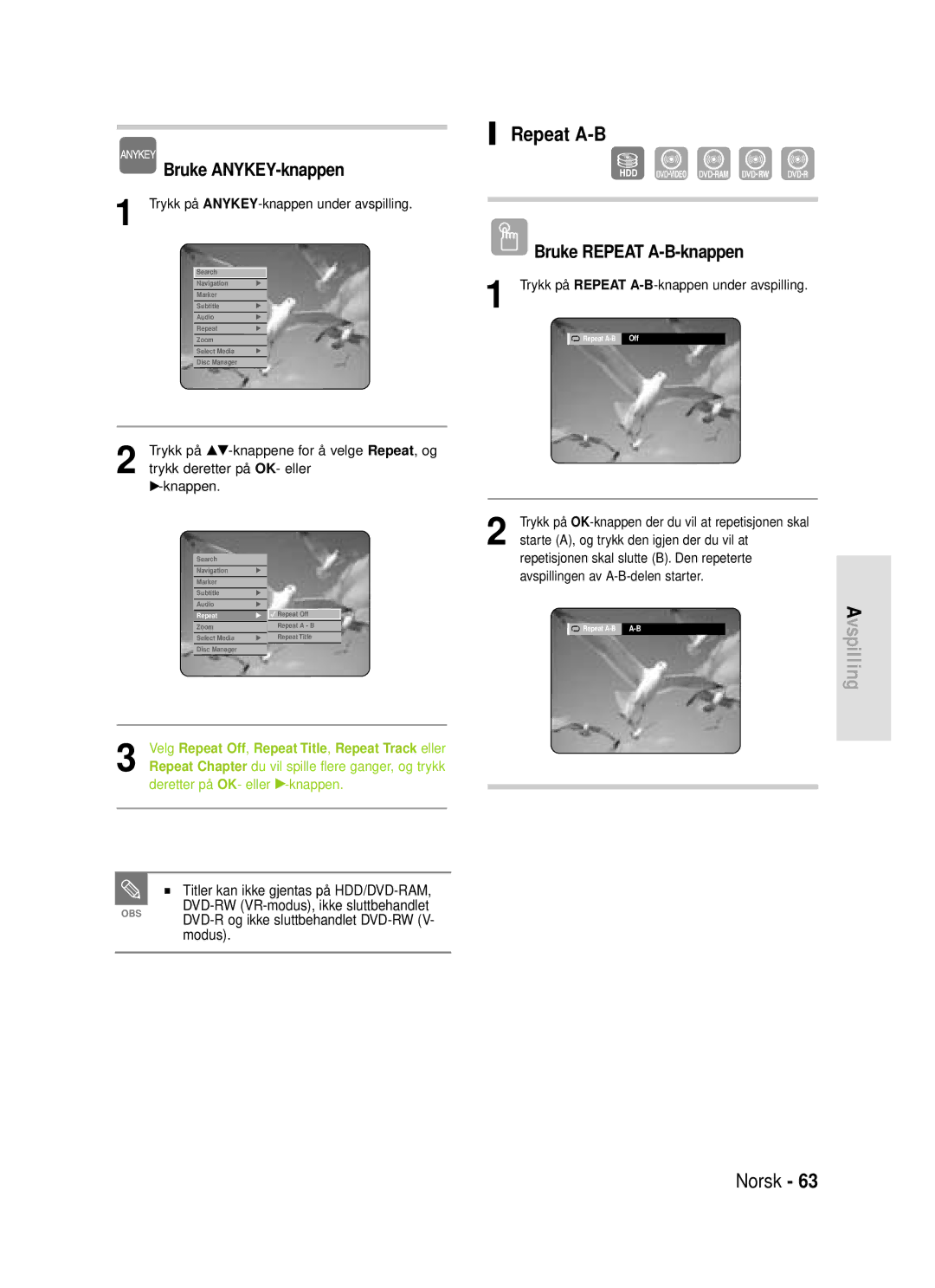 Samsung DVD-HR720/XEE manual Bruke Repeat A-B-knappen, Titler kan ikke gjentas på HDD/DVD-RAM, Modus 