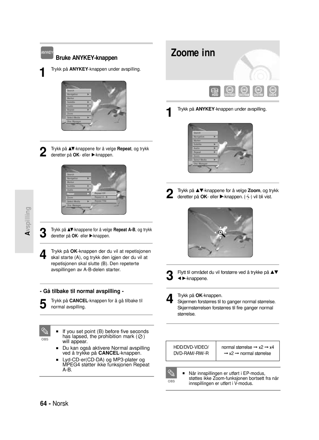 Samsung DVD-HR720/XEE Zoome inn, Gå tilbake til normal avspilling, If you set point B before five seconds, Will appear 