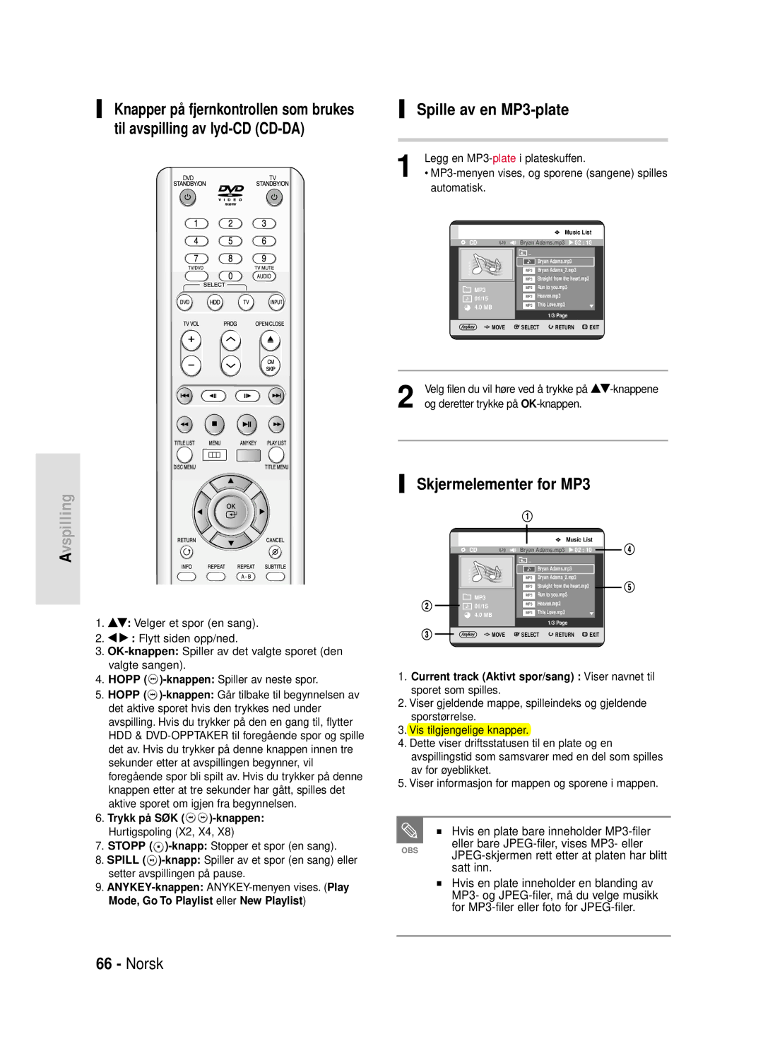 Samsung DVD-HR720/XEE manual Norsk Spille av en MP3-plate, Skjermelementer for MP3, Hvis en plate bare inneholder MP3-filer 