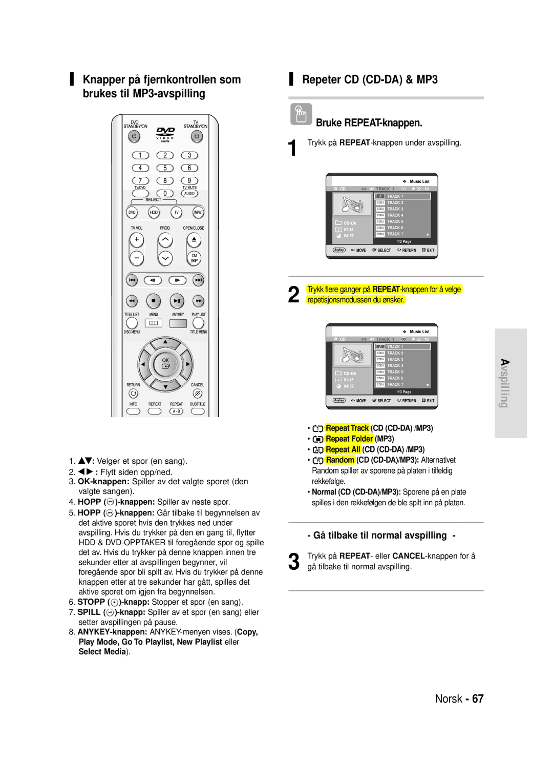 Samsung DVD-HR720/XEE manual Knapper på fjernkontrollen som brukes til MP3-avspilling, Repeter CD CD-DA & MP3, Rekkefø lge 