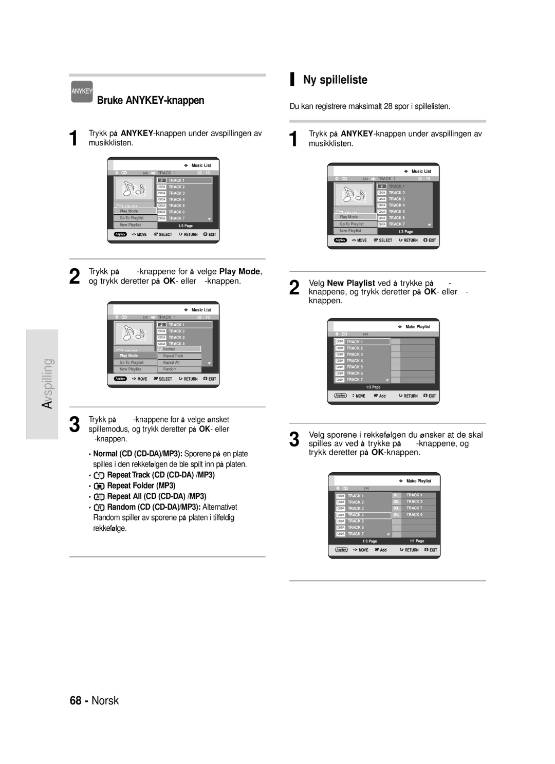 Samsung DVD-HR720/XEE manual Ny spilleliste, Repeat Track CD CD-DA /MP3, Random CD CD-DA/MP3 Alternativet 