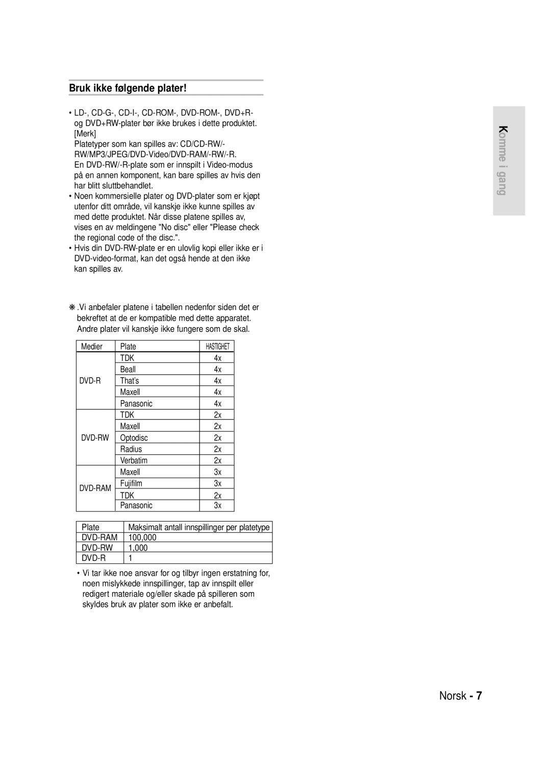 Samsung DVD-HR720/XEE manual Bruk ikke følgende plater 