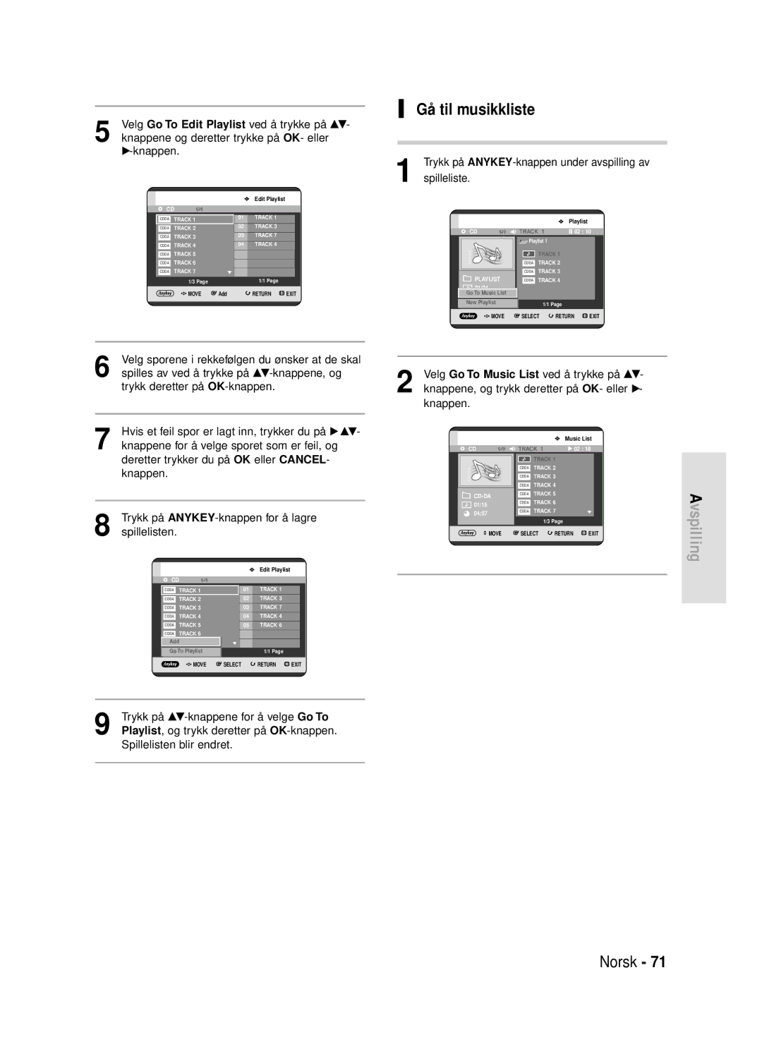 Samsung DVD-HR720/XEE manual Gå til musikkliste, Spillelisten blir endret 