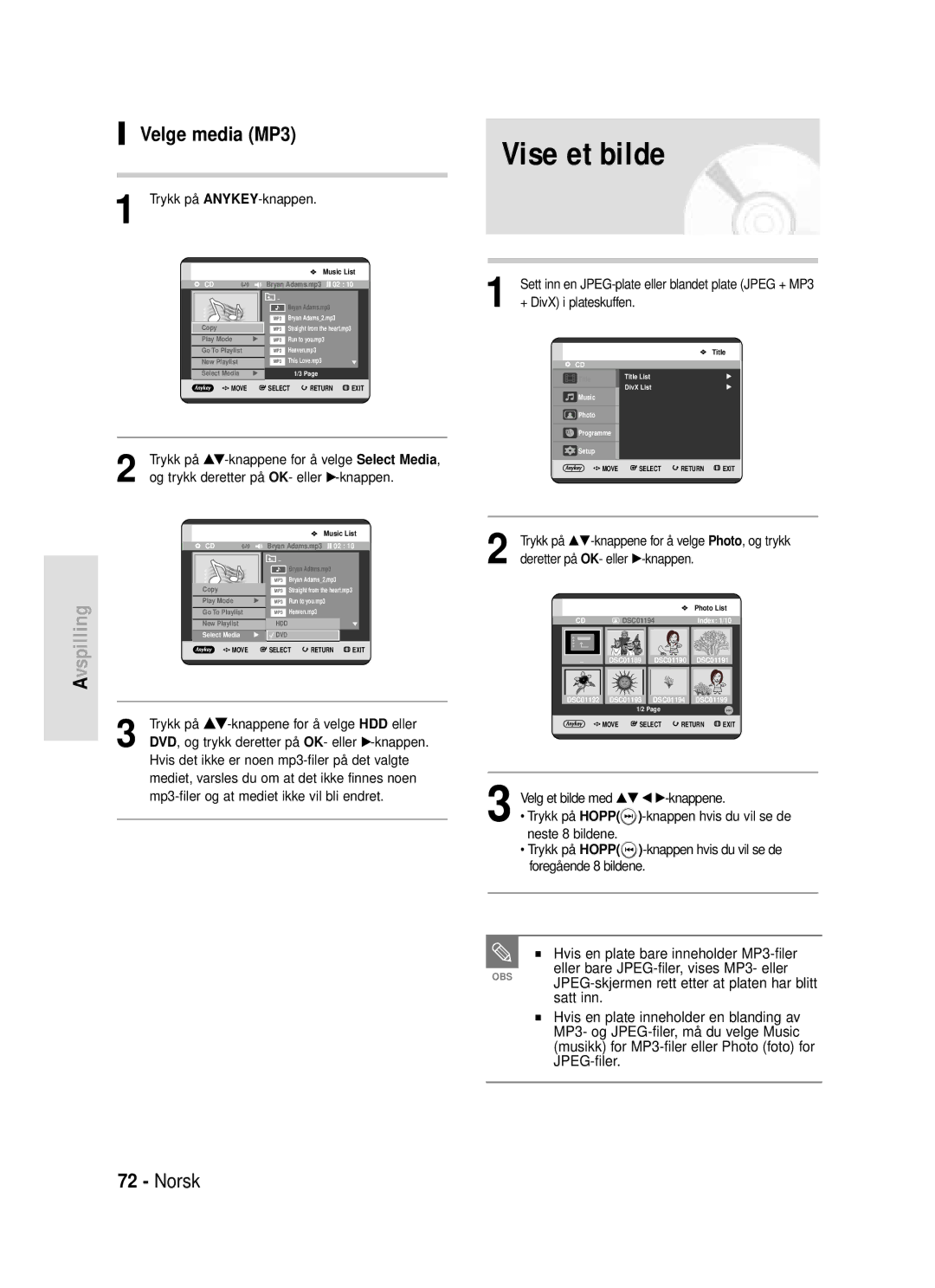 Samsung DVD-HR720/XEE manual Vise et bilde, Velge media MP3, Deretter på OK- eller √-knappen 