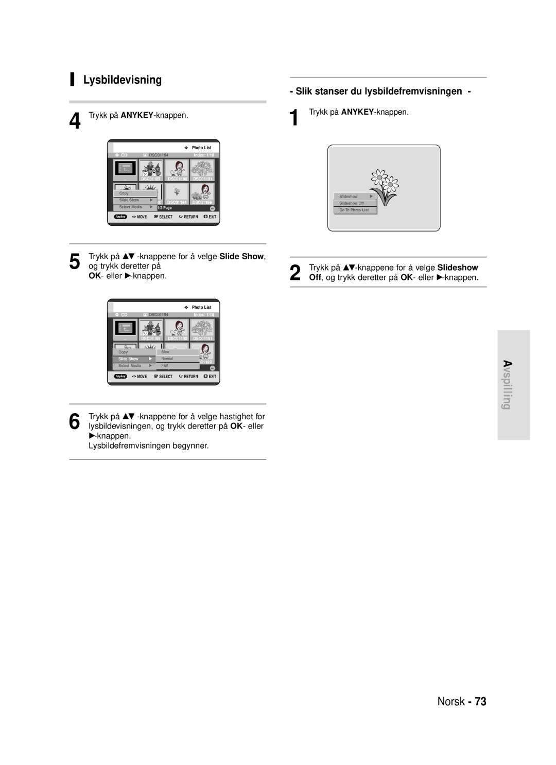 Samsung DVD-HR720/XEE manual Lysbildevisning, Slik stanser du lysbildefremvisningen 