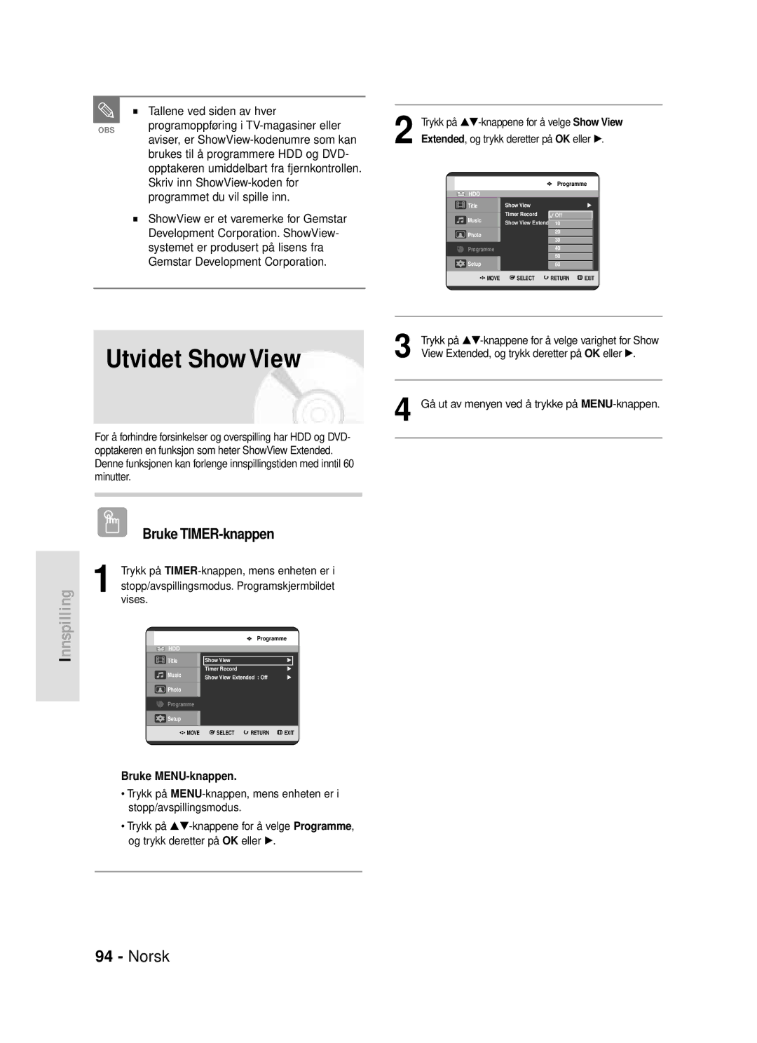 Samsung DVD-HR720/XEE manual Utvidet ShowView, Tallene ved siden av hver, Programoppføring i TV-magasiner eller 