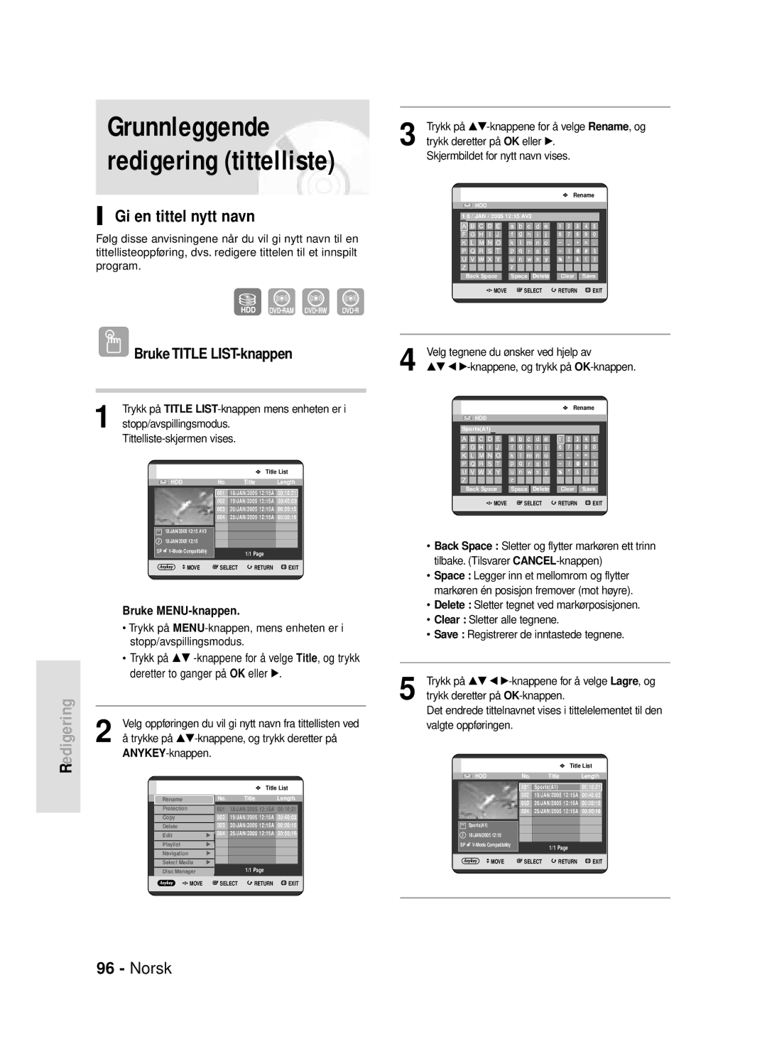 Samsung DVD-HR720/XEE manual Grunnleggende redigering tittelliste, Gi en tittel nytt navn 