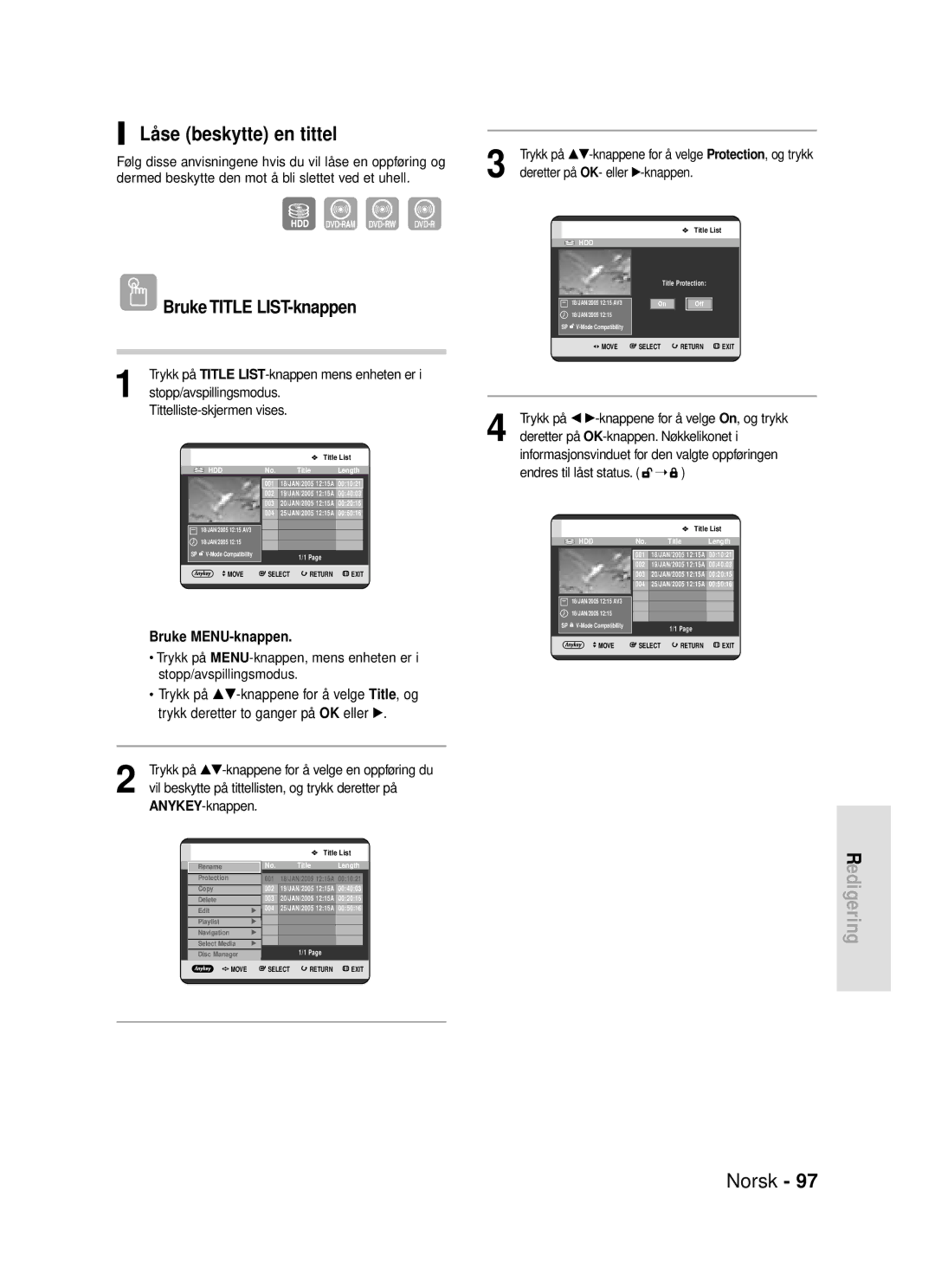 Samsung DVD-HR720/XEE manual Låse beskytte en tittel, Deretter på OK-knappen. Nøkkelikonet, Endres til låst status 