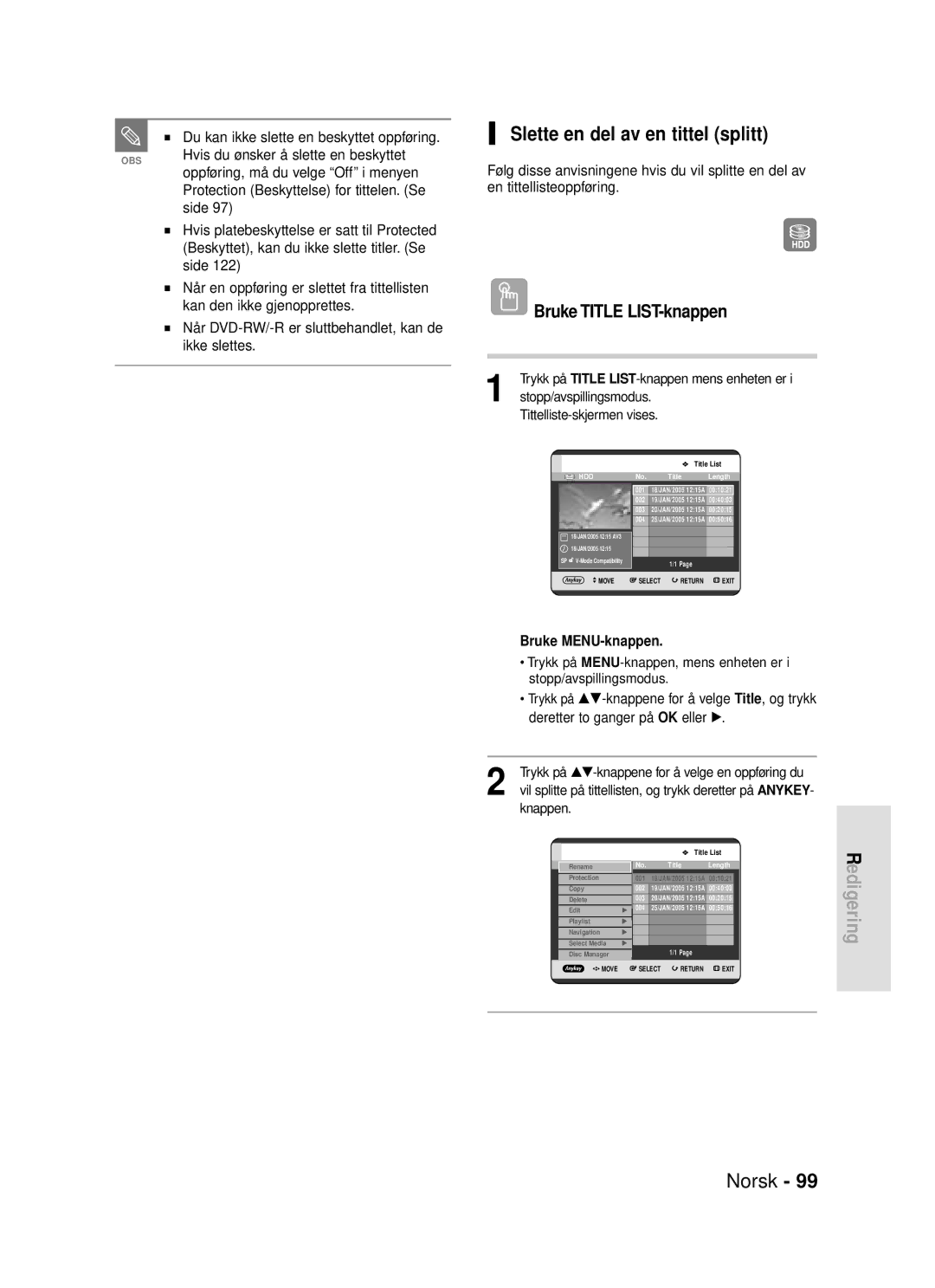 Samsung DVD-HR720/XEE manual Slette en del av en tittel splitt 