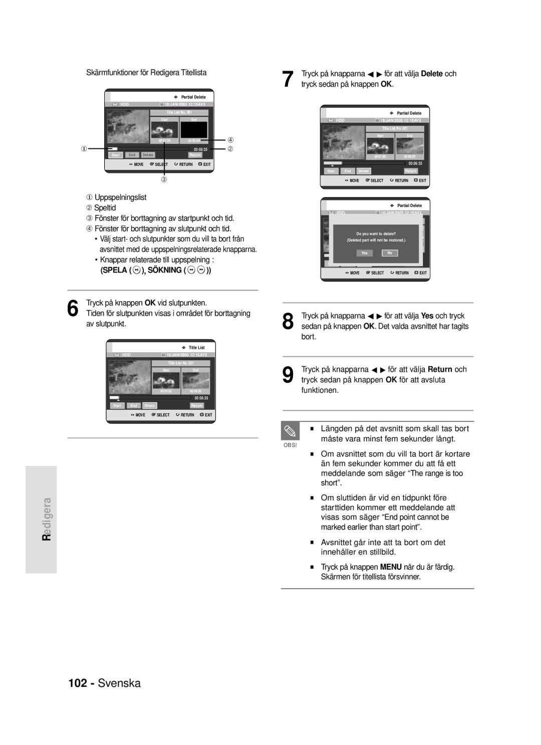 Samsung DVD-HR720/XEE manual Skärmfunktioner för Redigera Titellista, Knappar relaterade till uppspelning, Spela , Sökning 