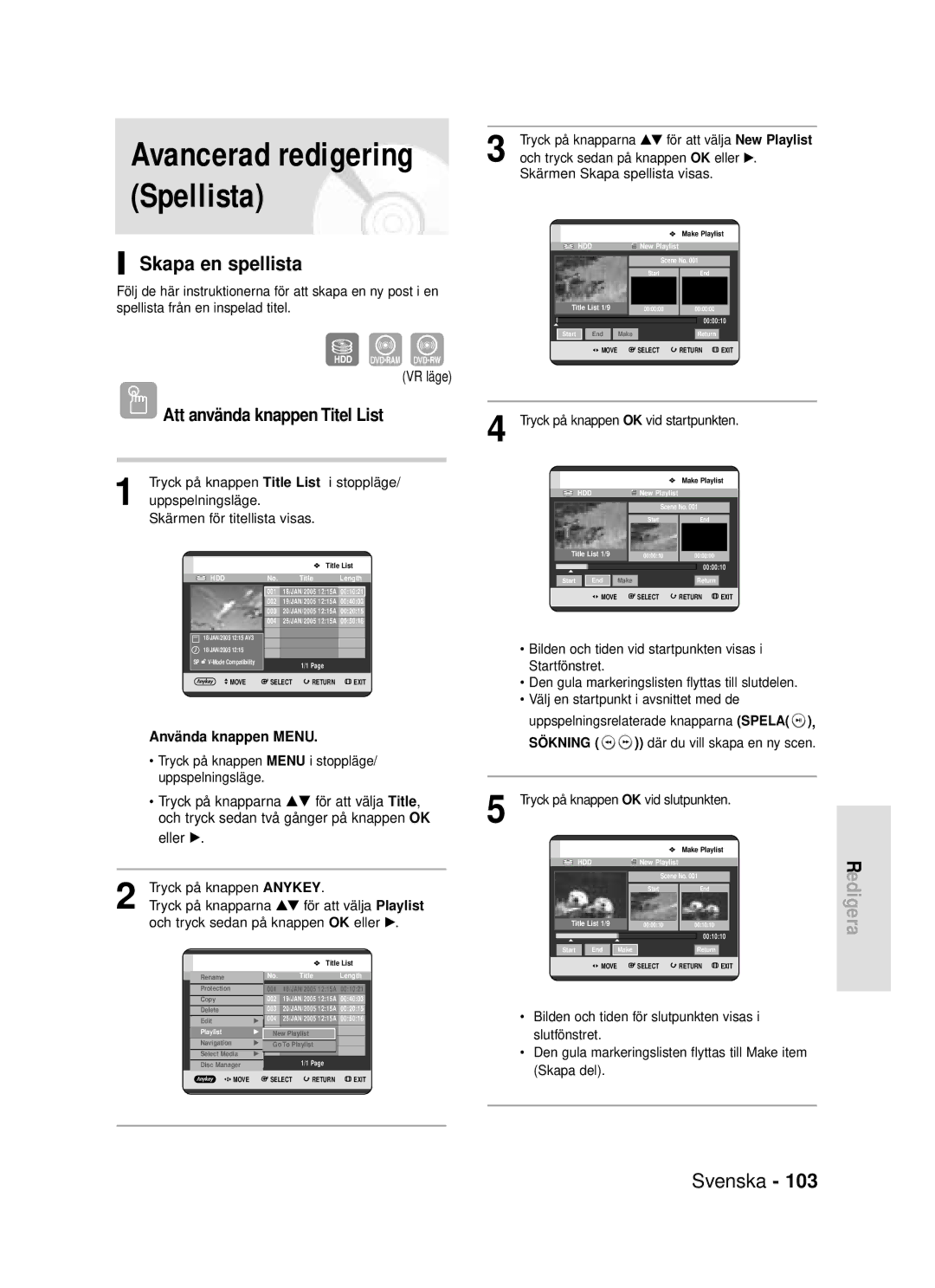 Samsung DVD-HR720/XEE Skapa en spellista, Att använda knappen Titel List, Skärmen Skapa spellista visas, Uppspelningsläge 