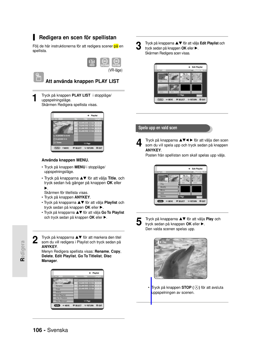 Samsung DVD-HR720/XEE manual Redigera en scen för spellistan, Tryck på knappen Play List i stoppläge, Manager 