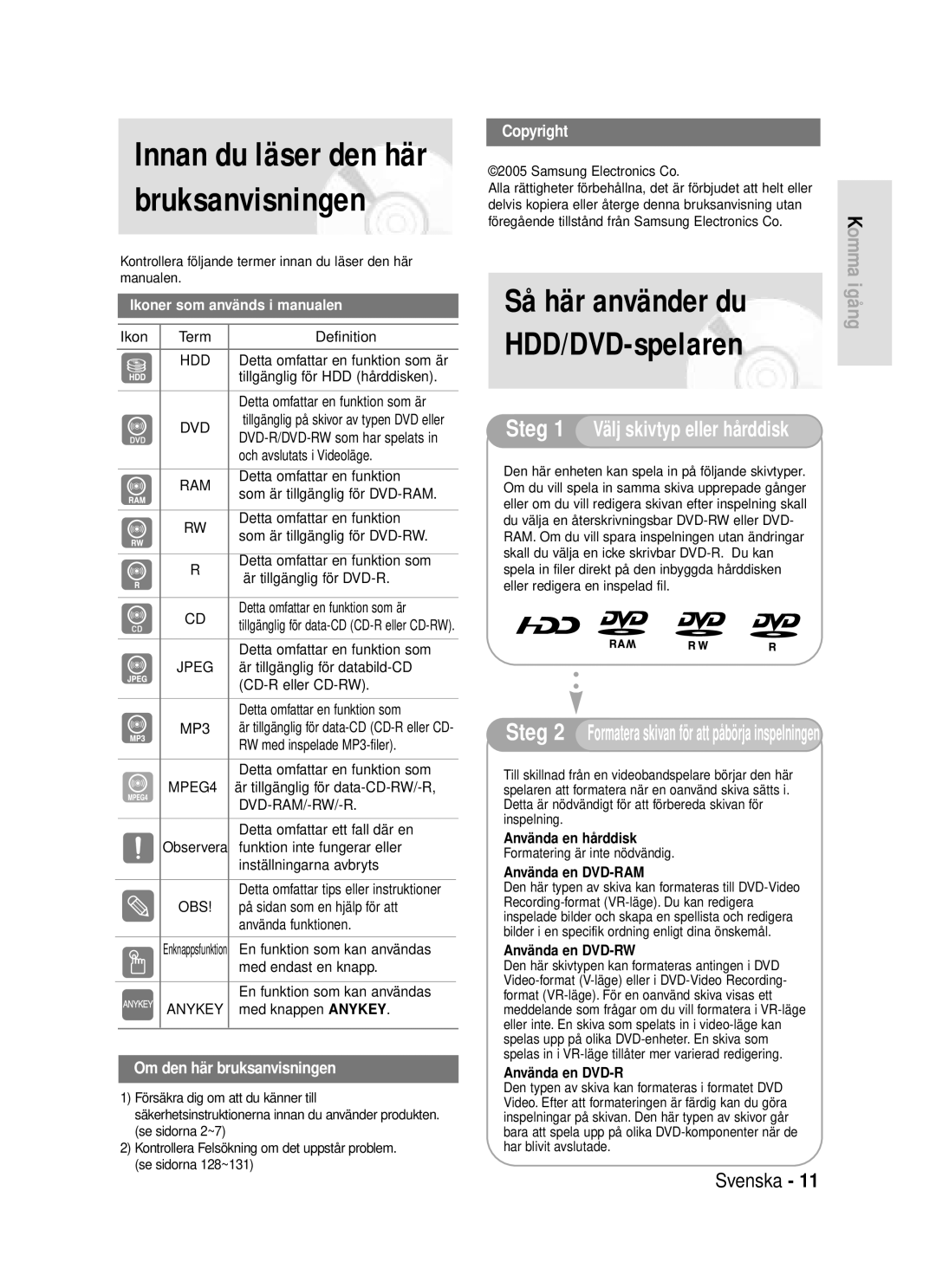 Samsung DVD-HR720/XEE manual Innan du läser den här bruksanvisningen 