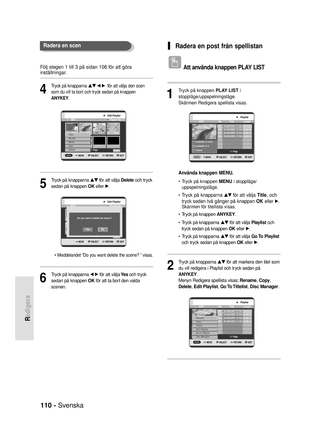 Samsung DVD-HR720/XEE manual Radera en post från spellistan 