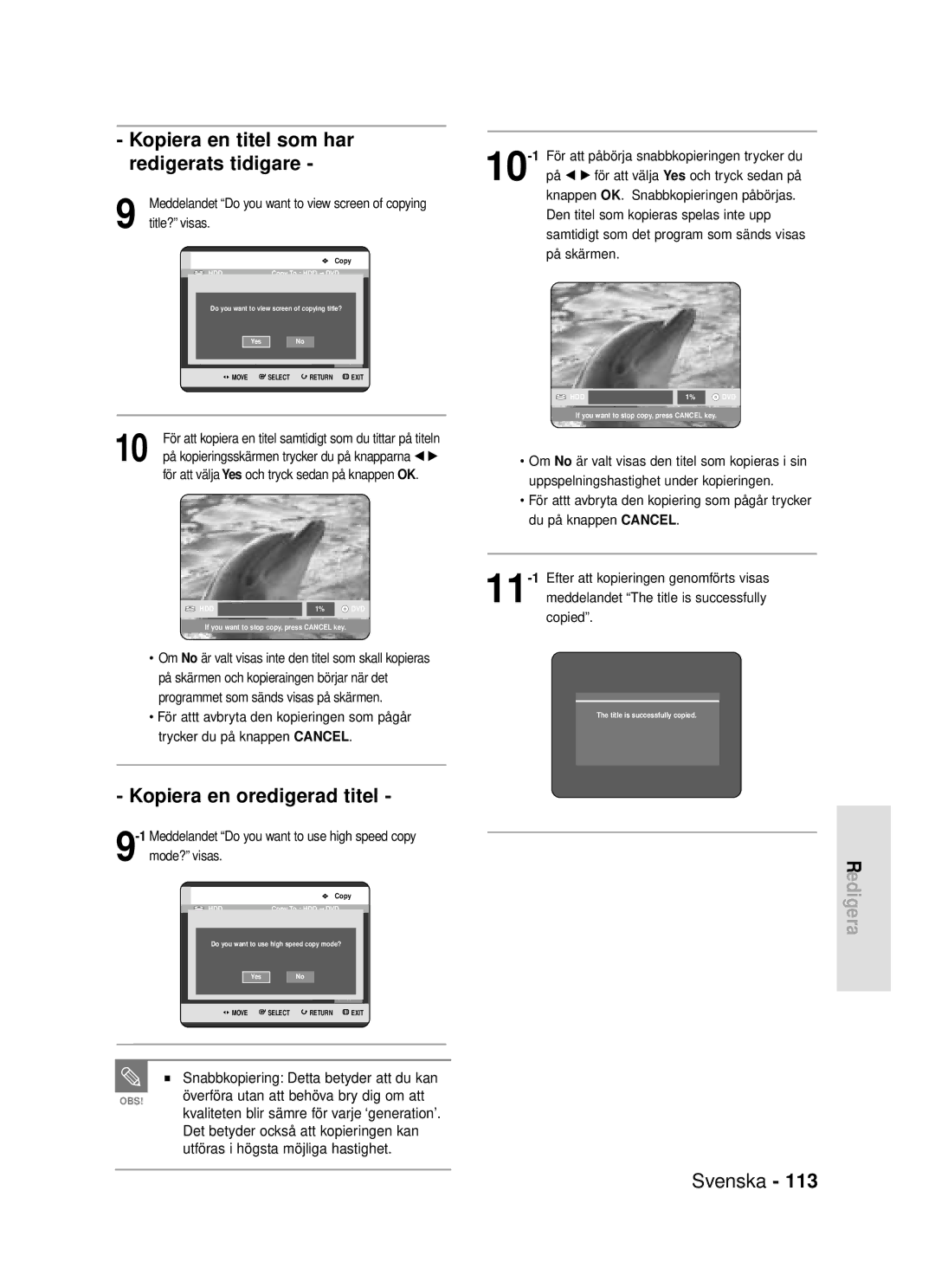 Samsung DVD-HR720/XEE manual Kopiera en titel som har redigerats tidigare, Kopiera en oredigerad titel 