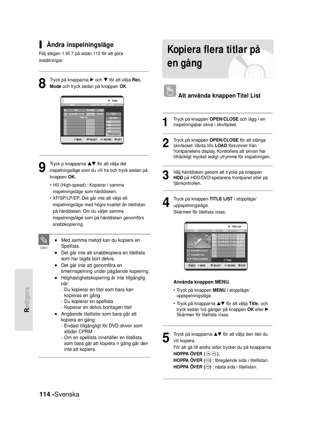 Samsung DVD-HR720/XEE manual Ändra inspelningsläge 