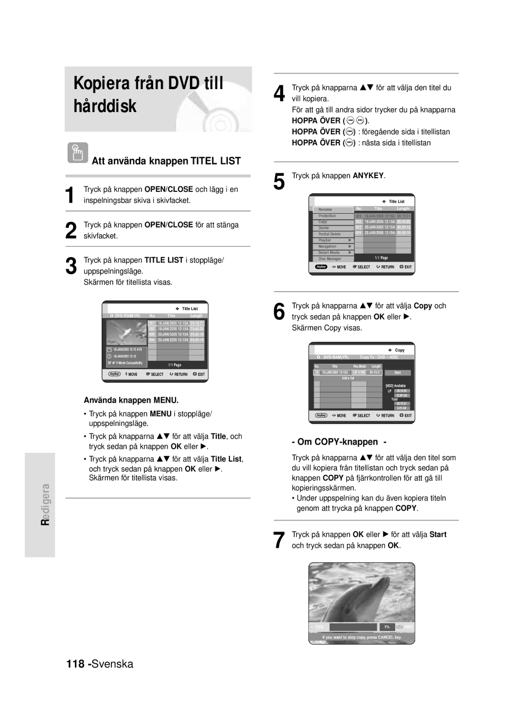 Samsung DVD-HR720/XEE manual Hoppa Över, Tryck på knapparna …† för att välja Copy och 