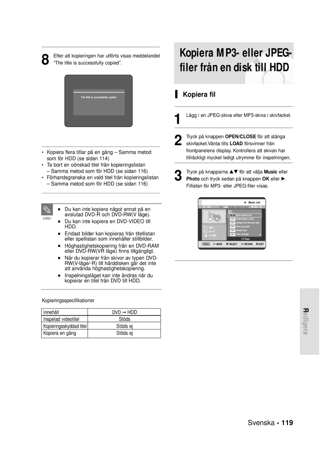 Samsung DVD-HR720/XEE manual Kopiera MP3- eller JPEG- filer från en disk till HDD, Kopiera fil 