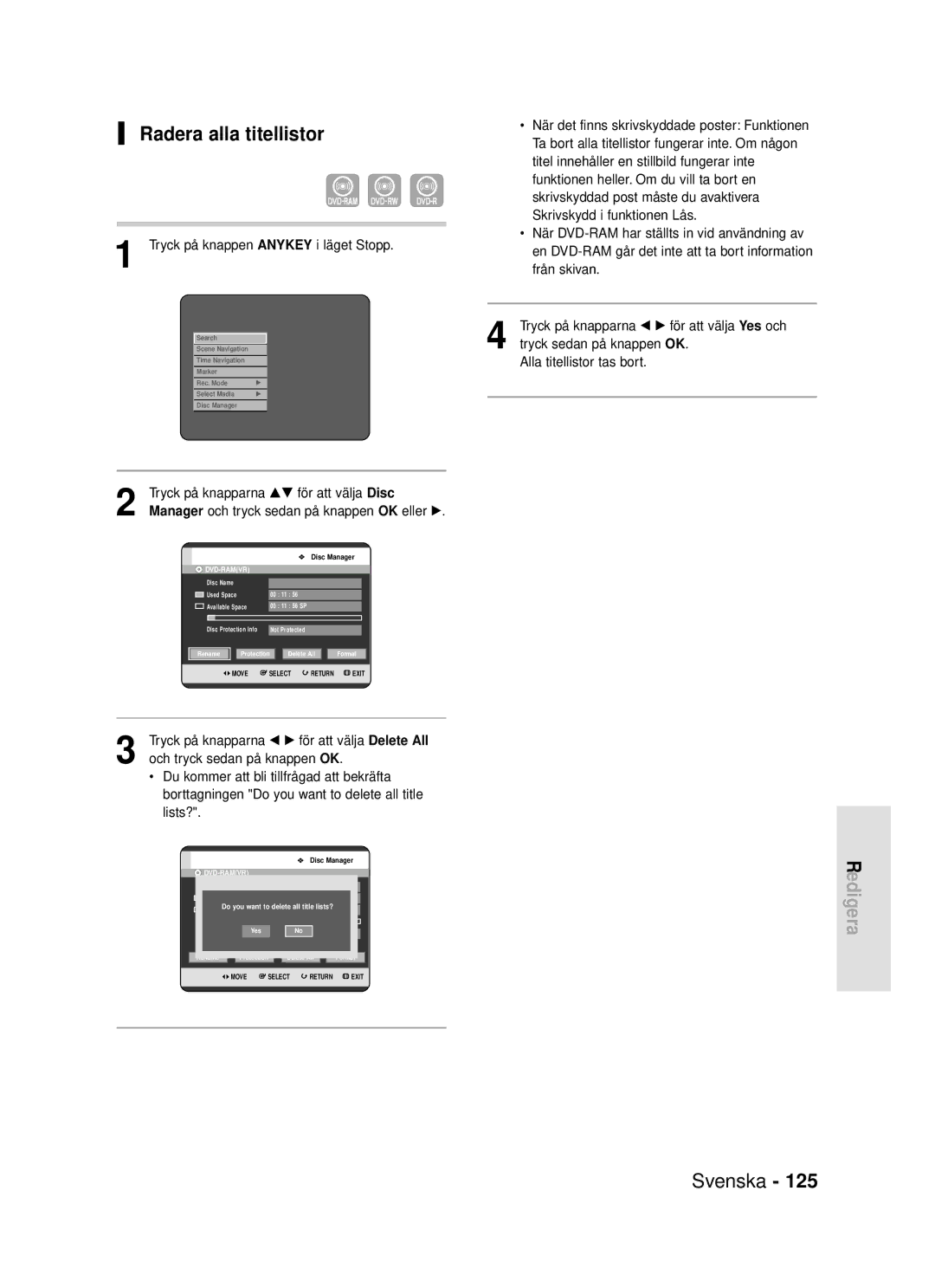 Samsung DVD-HR720/XEE manual Radera alla titellistor, Tryck på knapparna …† för att välja Disc 